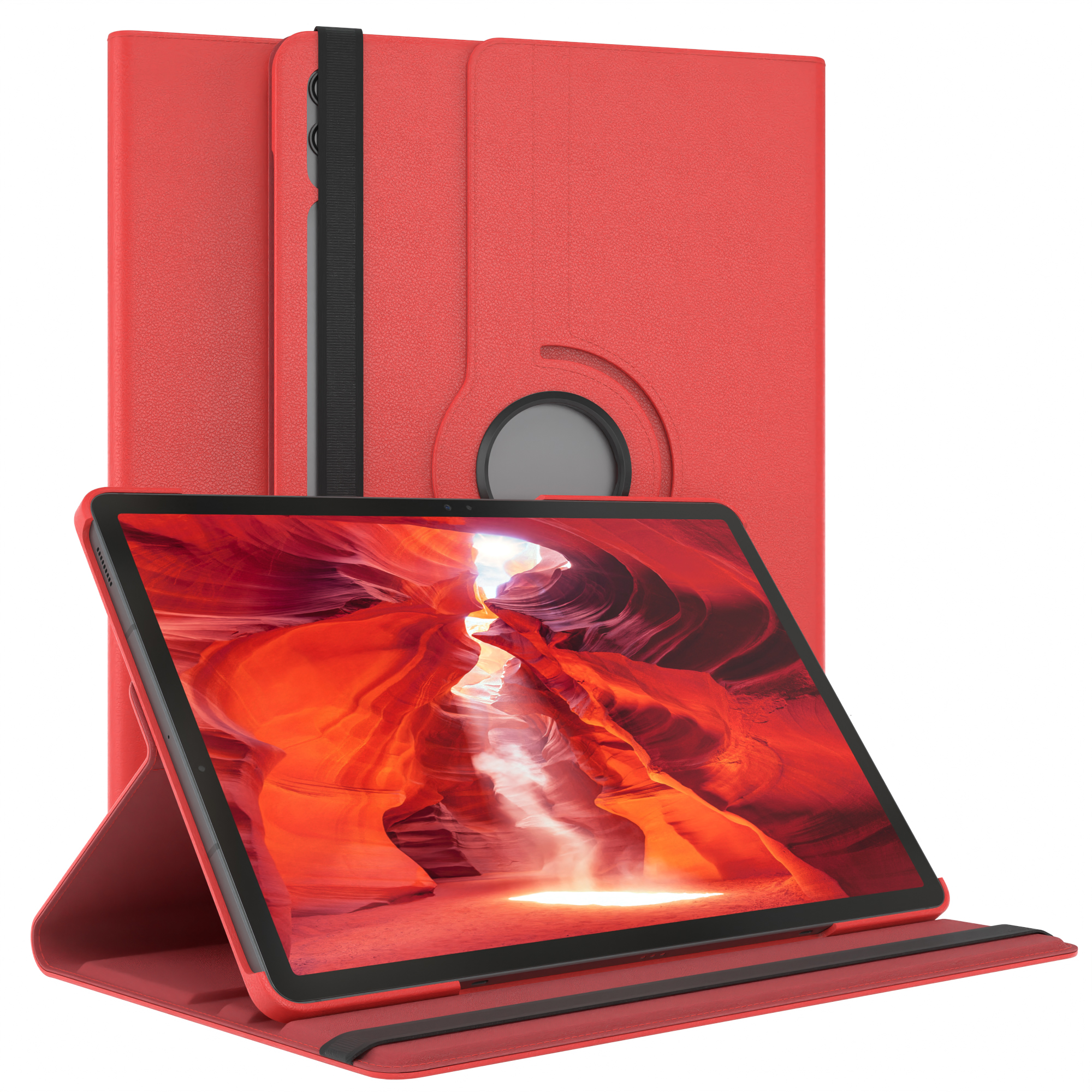 Tablet in roter Hülle mit offenem Deckel. Der Hintergrund ist rot. Die Hülle ist offen.