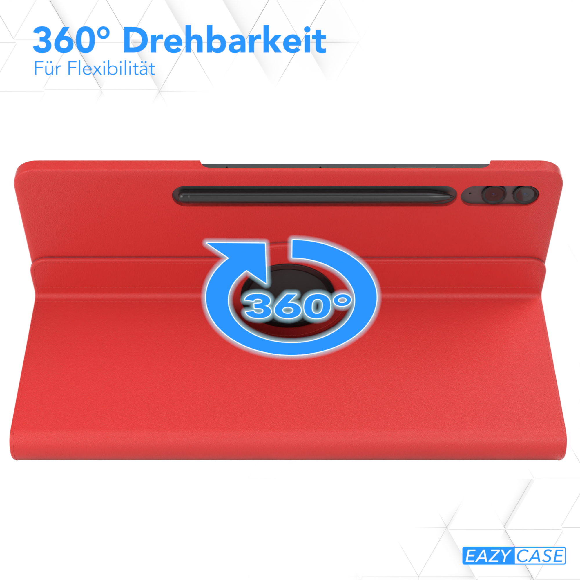 Rote Tablet-Hülle mit 360° Drehung. Zeigt ein rotierendes Pfeilsymbol in der Mitte.