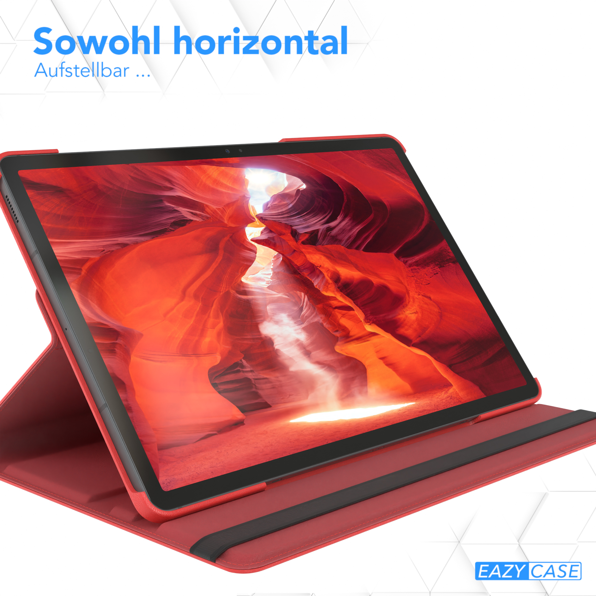 Ein Tablet in einer roten Hülle. Die Hülle wird als Ständer verwendet, in horizontaler Ausrichtung.