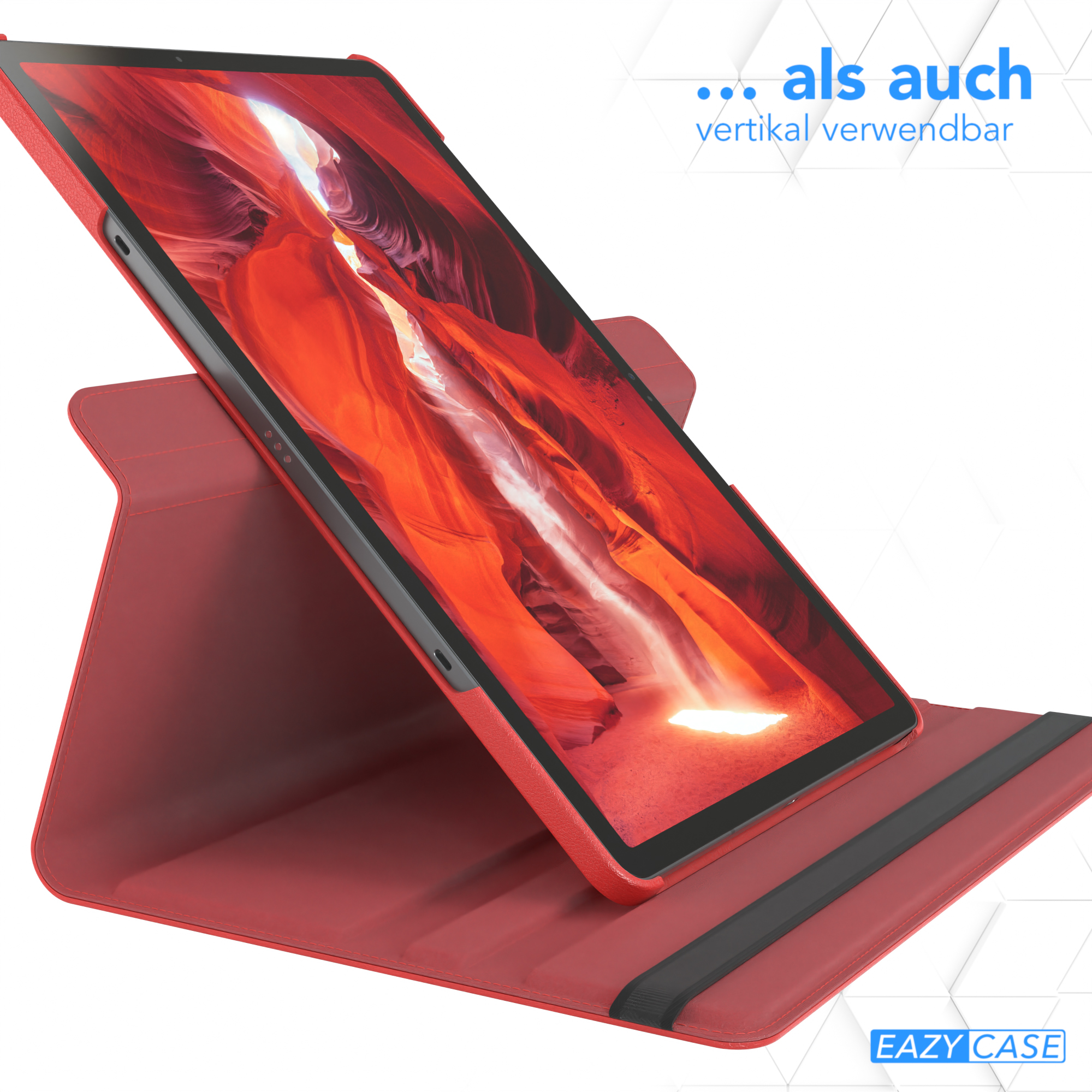 Rote Tablethülle in einem Ständer, zeigt einen roten Canyon. Schwarzer Gurt. Text: ...als auch vertikal verwendbar.
