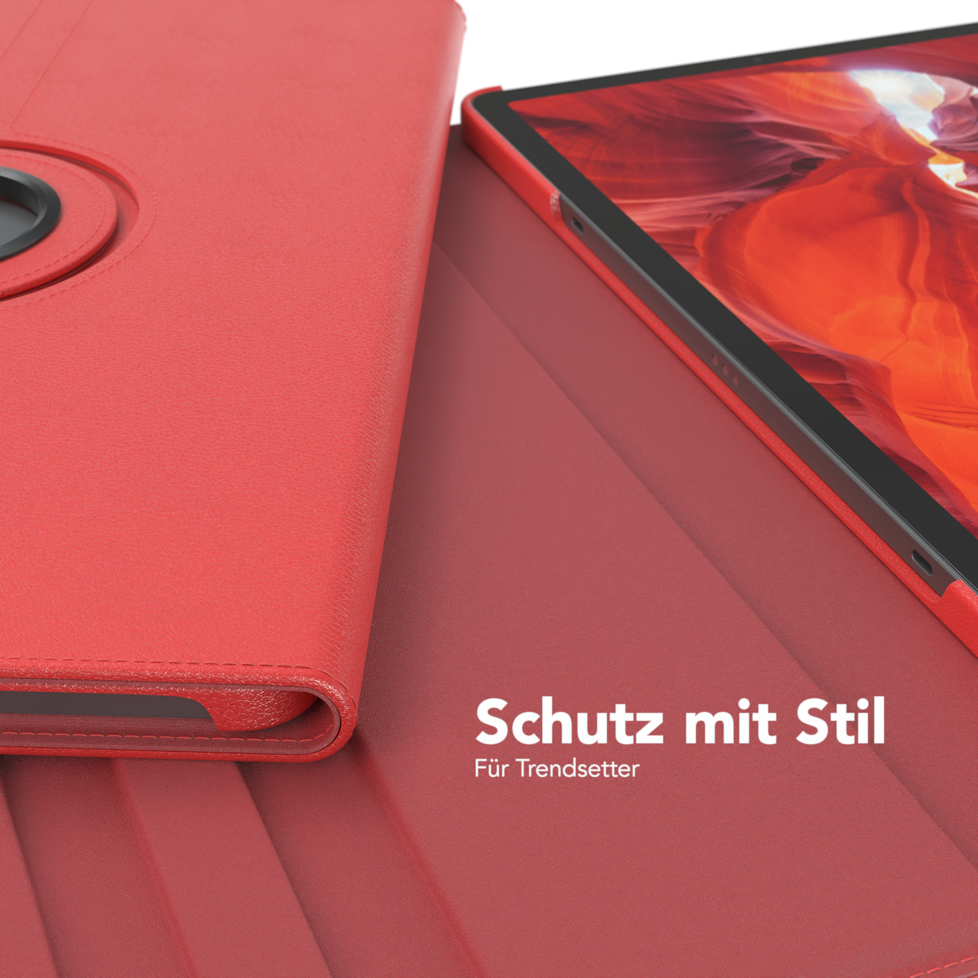 Geöffnete rote Tablethülle mit Tablet darin, auf roter Oberfläche, weißer Hintergrund.