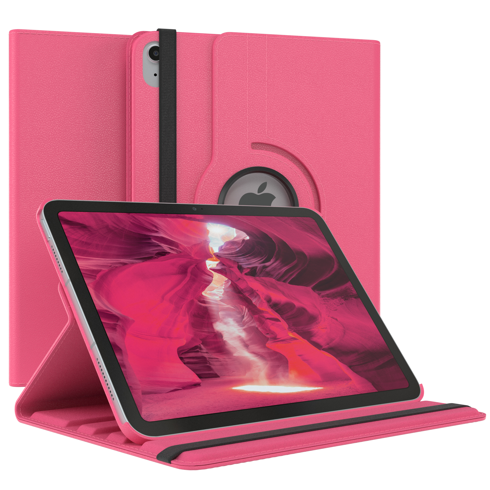 Eine rosa Tablethülle hält ein Tablet mit einem roten Canyon-Bild auf dem Bildschirm.