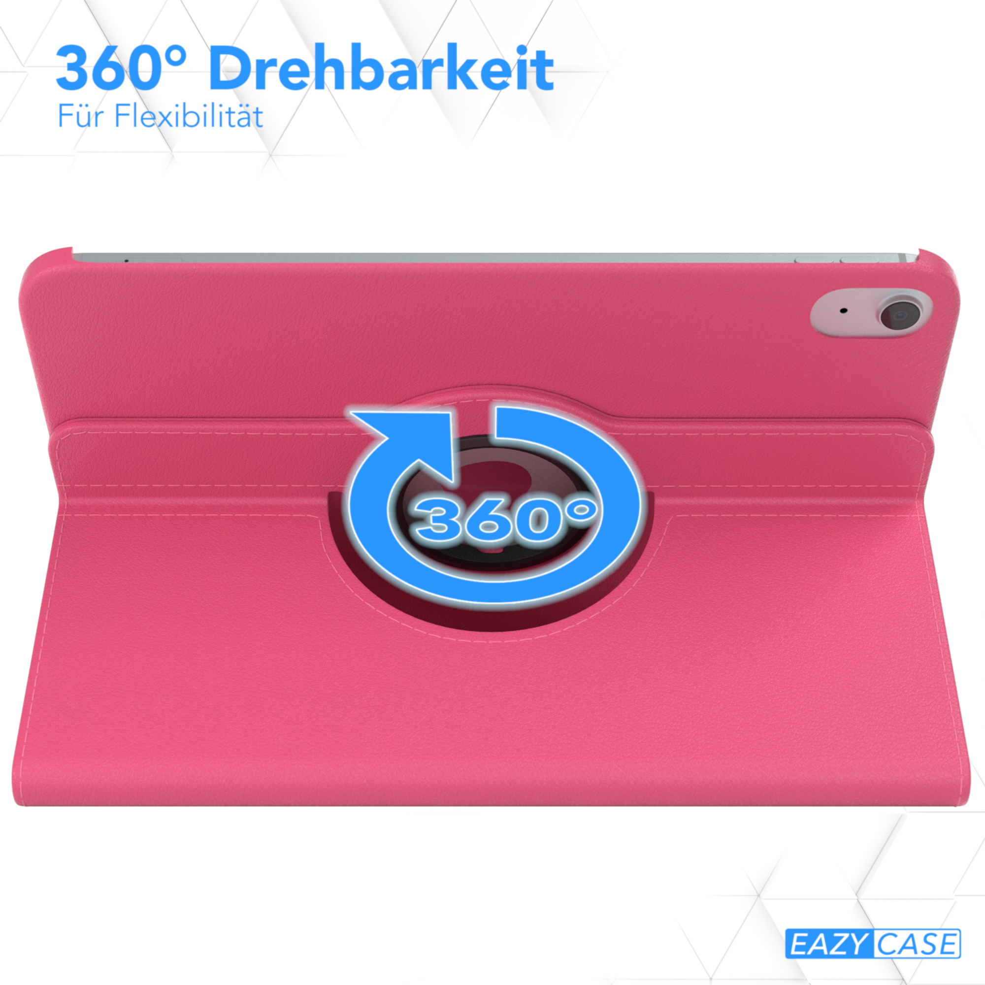 Rosafarbene Tablethülle, geöffnet, mit 360-Grad-Drehsymbol und Text. Hülle auf rosafarbener Oberfläche.