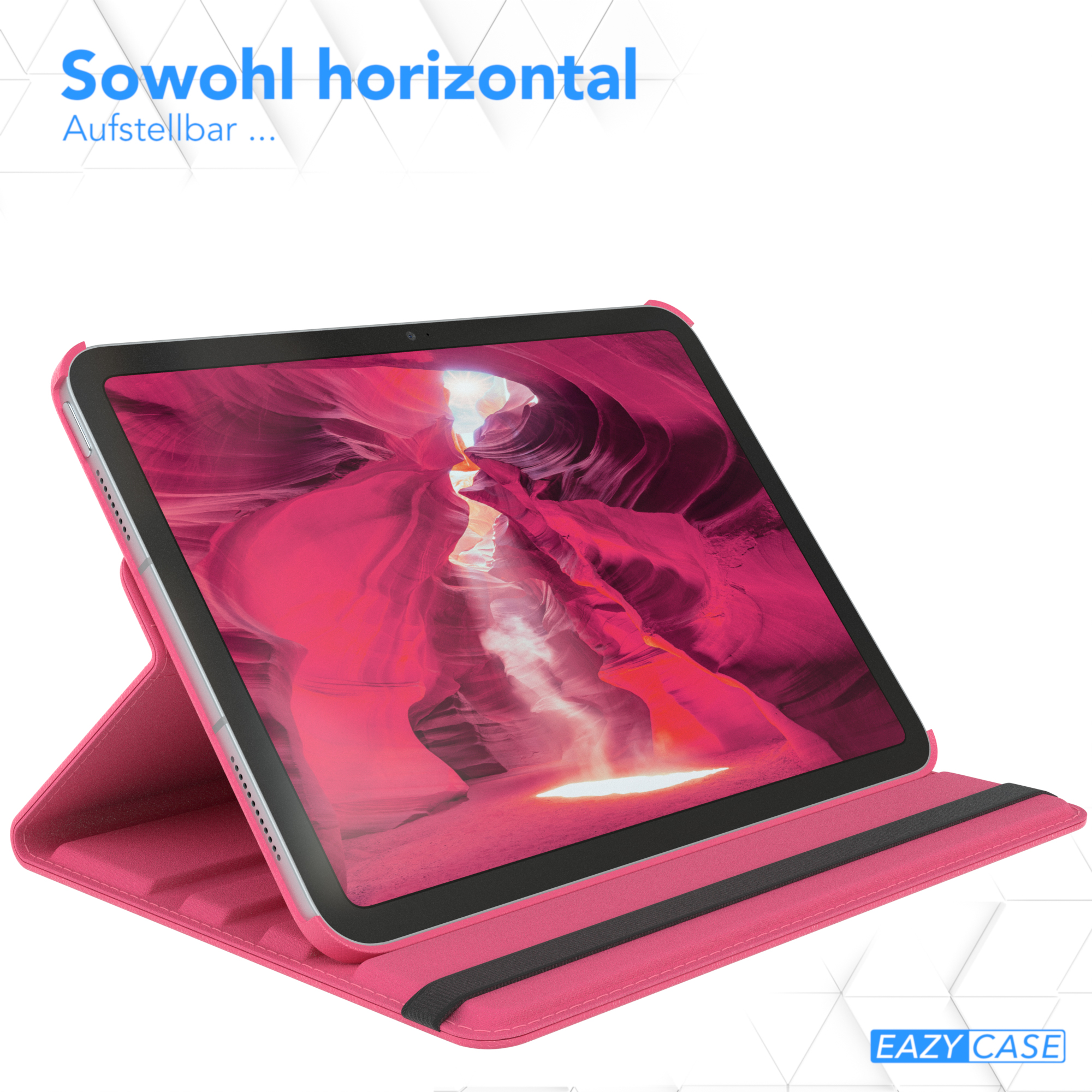 Geöffnete rosa Tablethülle, die ein Tablet mit abstraktem Bild hält, horizontal nutzbar.