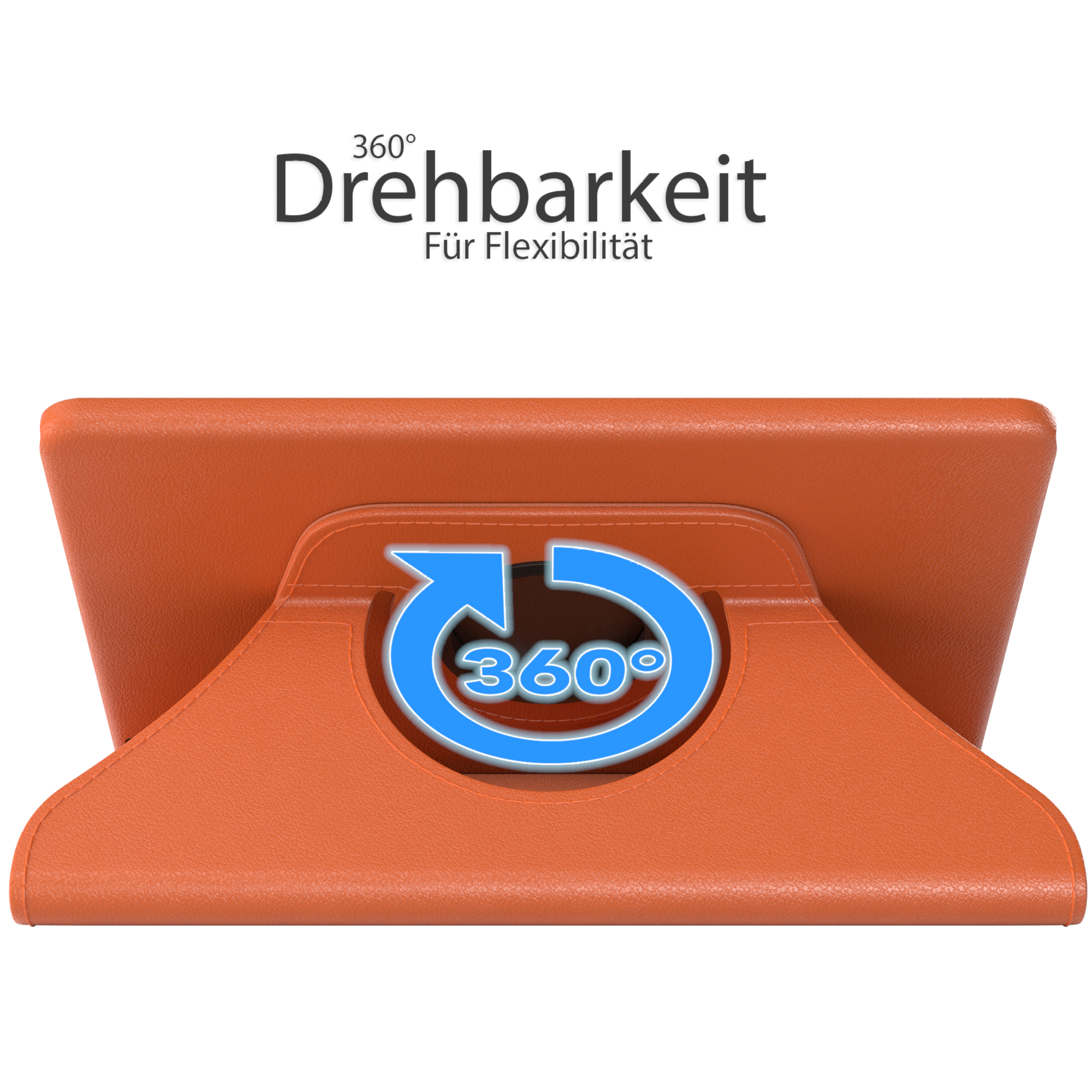 Orangene Tablethülle mit einem um 360 Grad drehbaren Ständer. Text sagt 360° und Für Flexibilität.