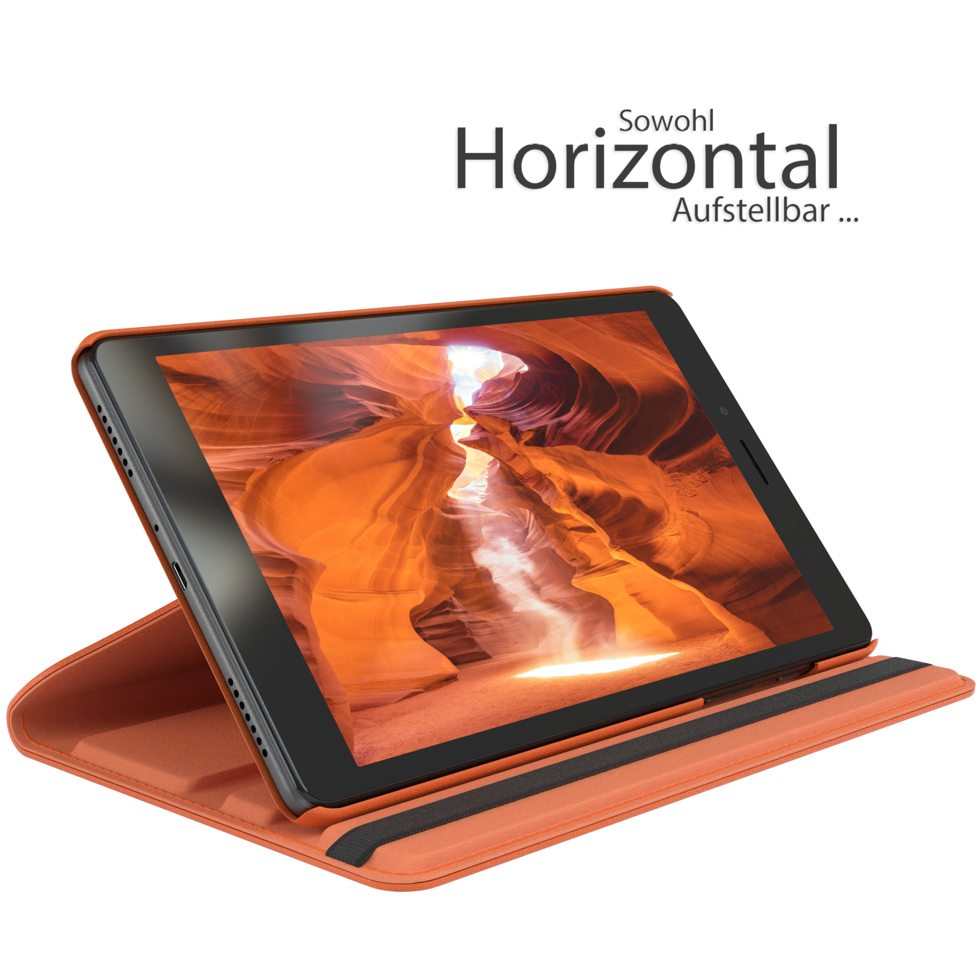 Eine orangefarbene Tablettasche mit einem Tablet, das ein Canyon-Bild zeigt, Text lautet 'Horizontal'.
