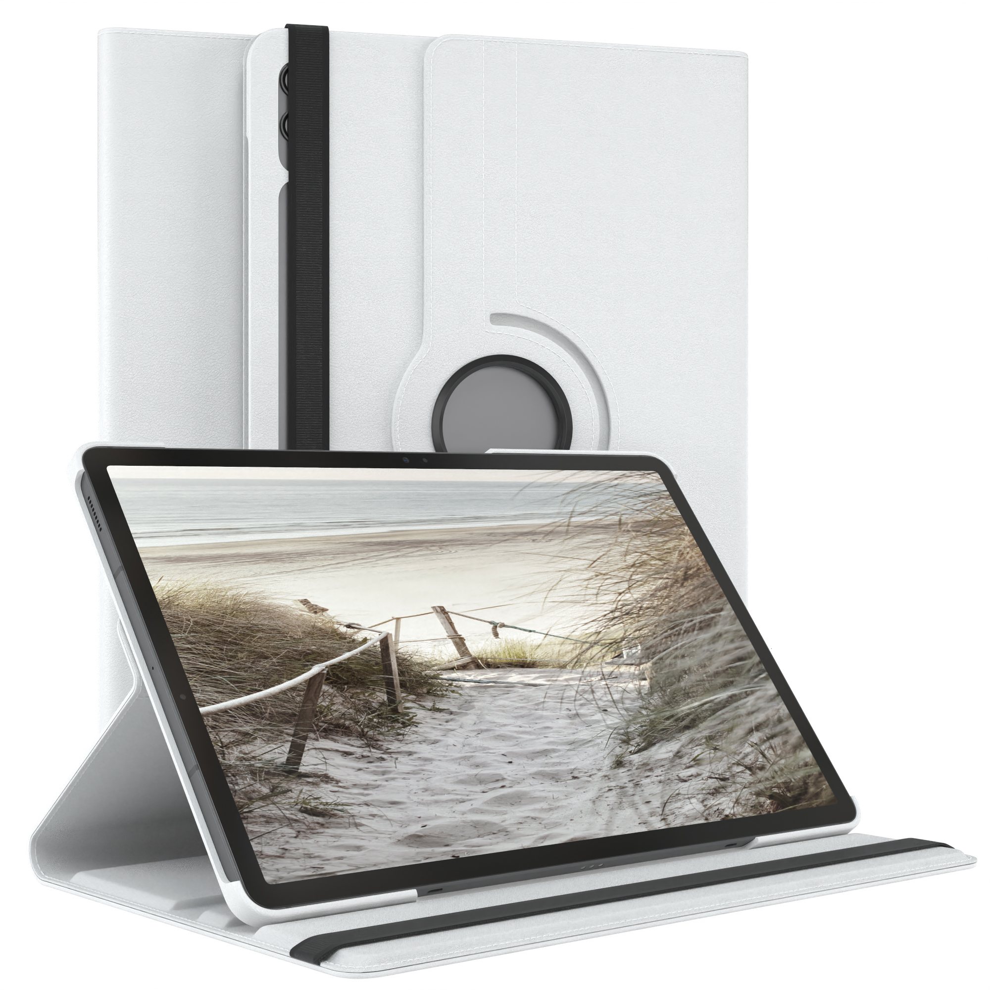 Weiße Tablethülle mit Tablet und Landschaftsbild.