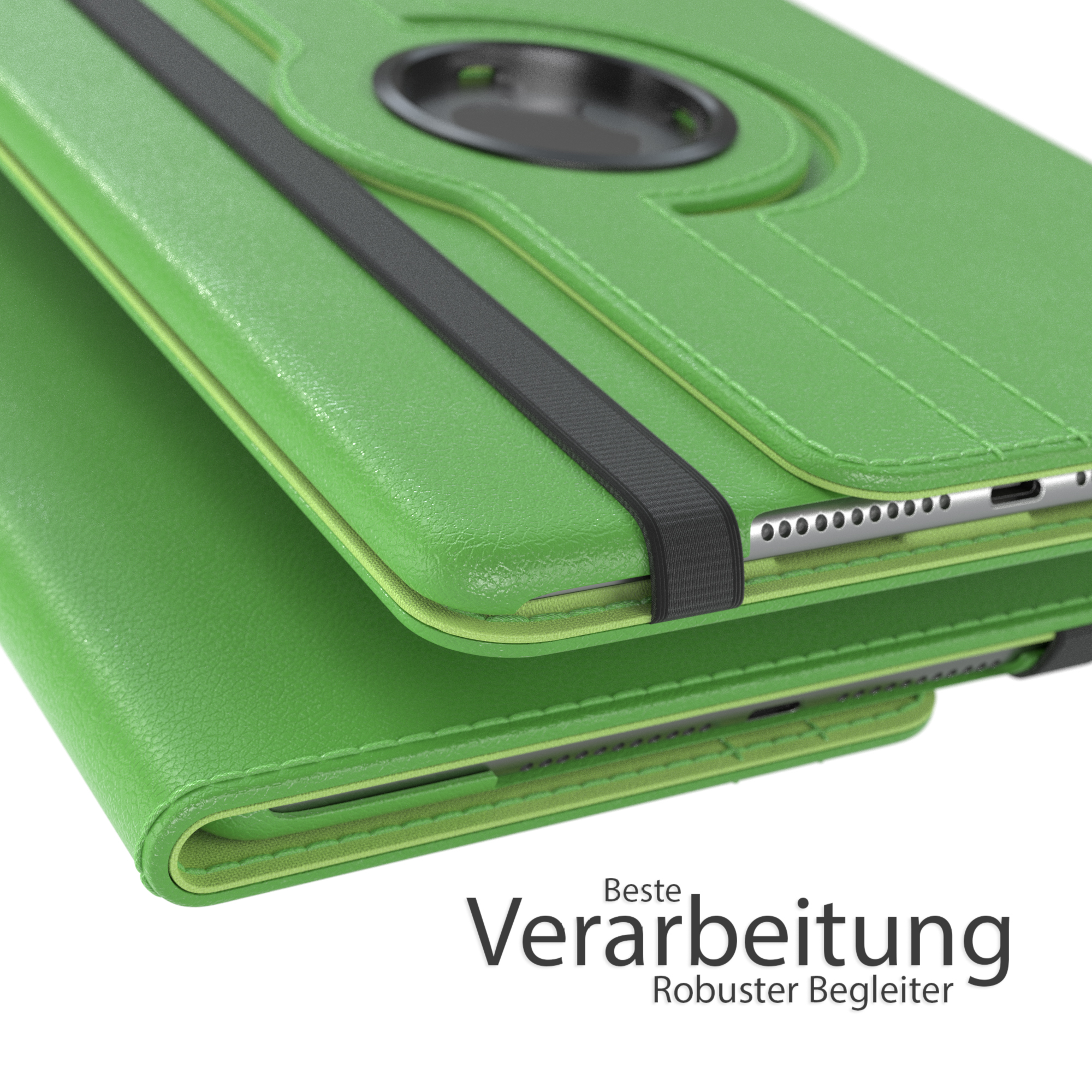 Grüne Tablethülle geöffnet, Text auf Deutsch. Die Hülle liegt auf einer weißen Oberfläche.
