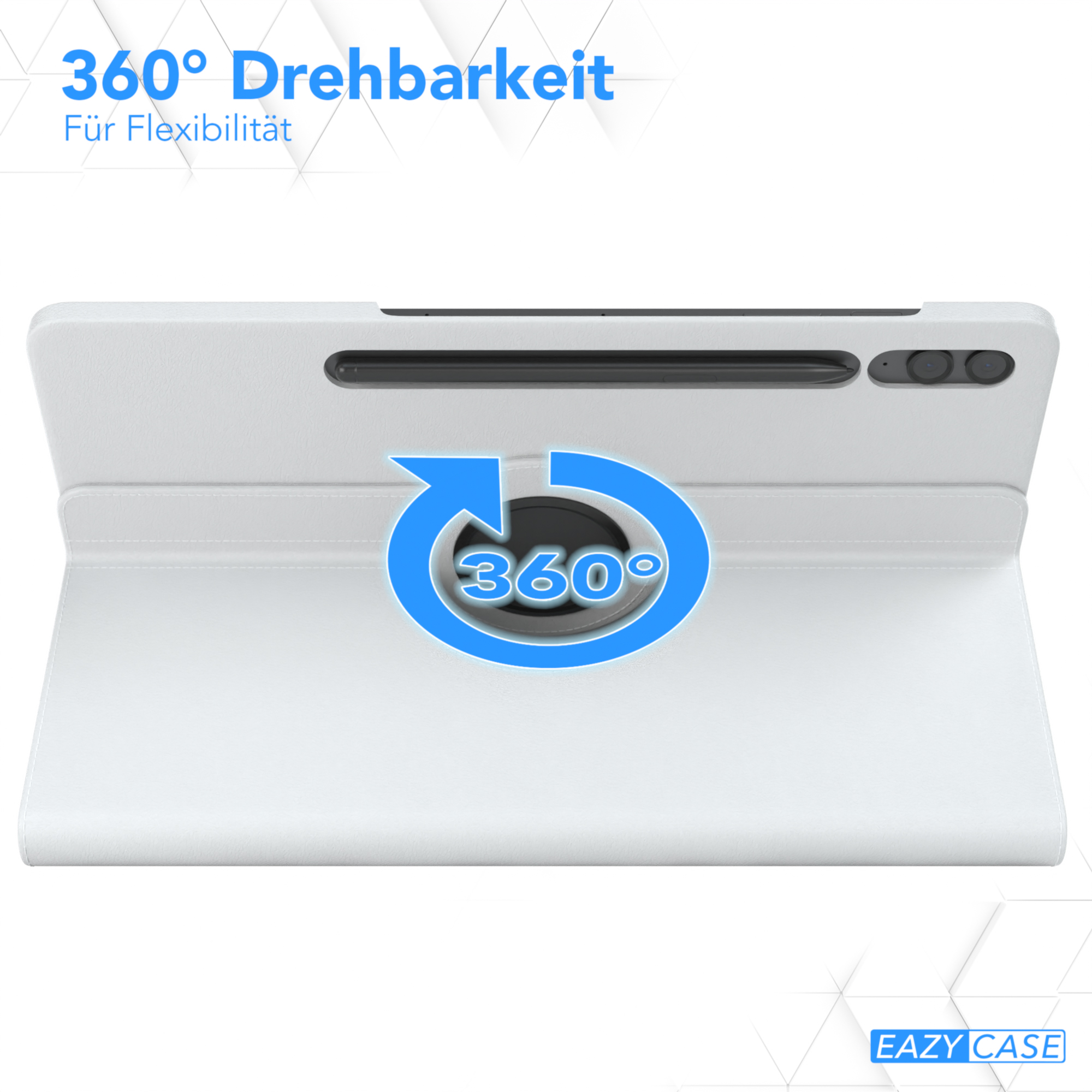 Weiße Tablethülle mit blauem Pfeil, der 360-Grad-Drehung anzeigt. Text lautet '360° Drehbarkeit'.