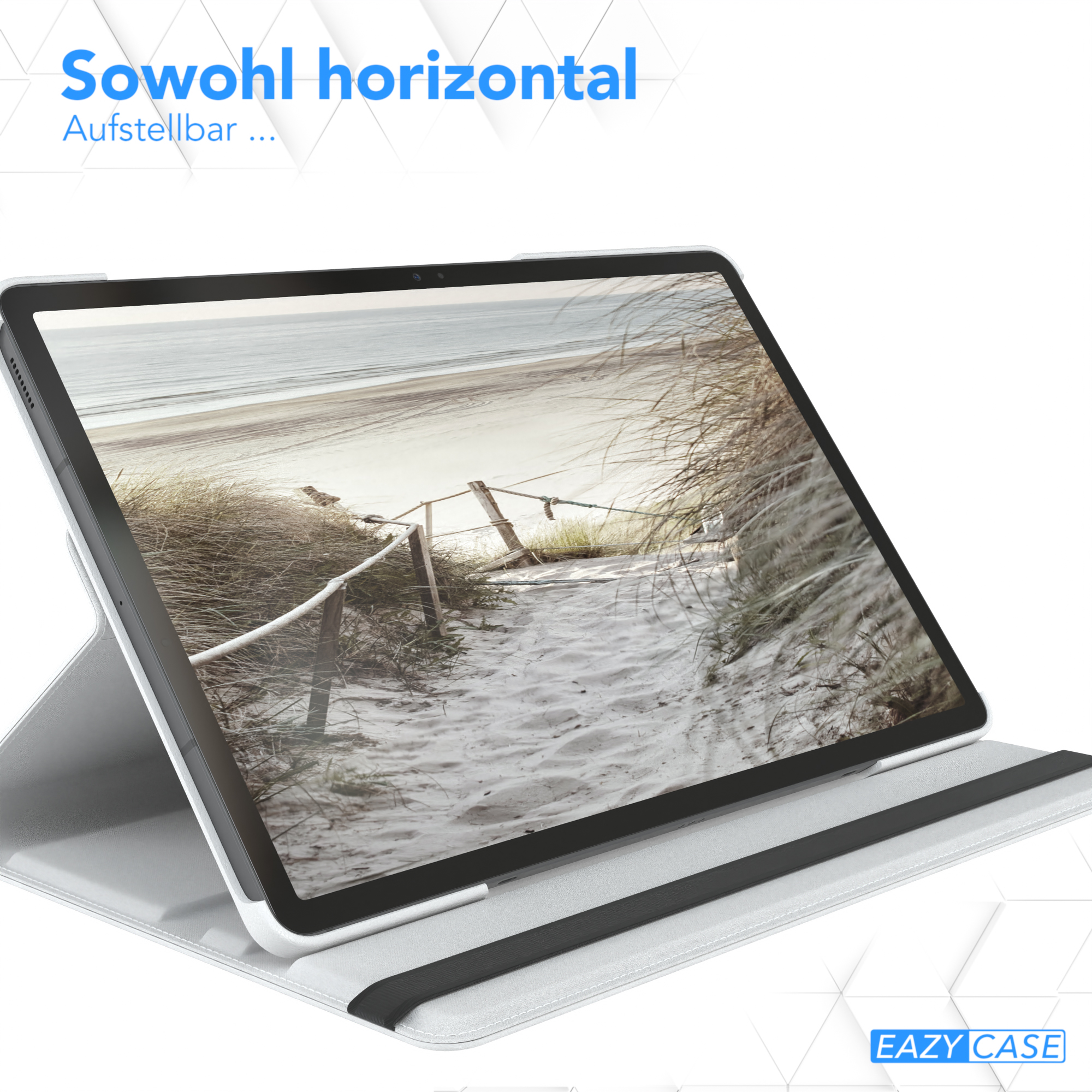 Tablet in einer grau-weißen Hülle, die eine Strandszene zeigt. Ein schwarzer Riemen ist sichtbar.