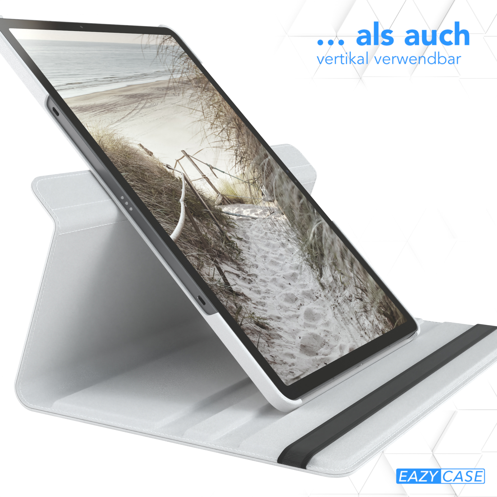 Tablet in weißer Hülle, vertikal dargestellt. Text weist auf vertikale Nutzung hin.