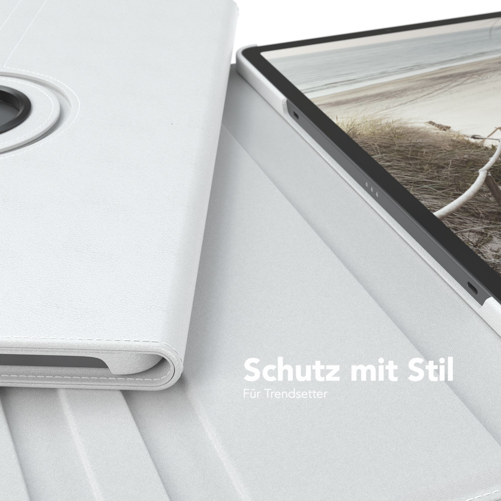 Weiße Tablethülle mit drehbarem Deckel. Das Tablet zeigt ein Strandbild.