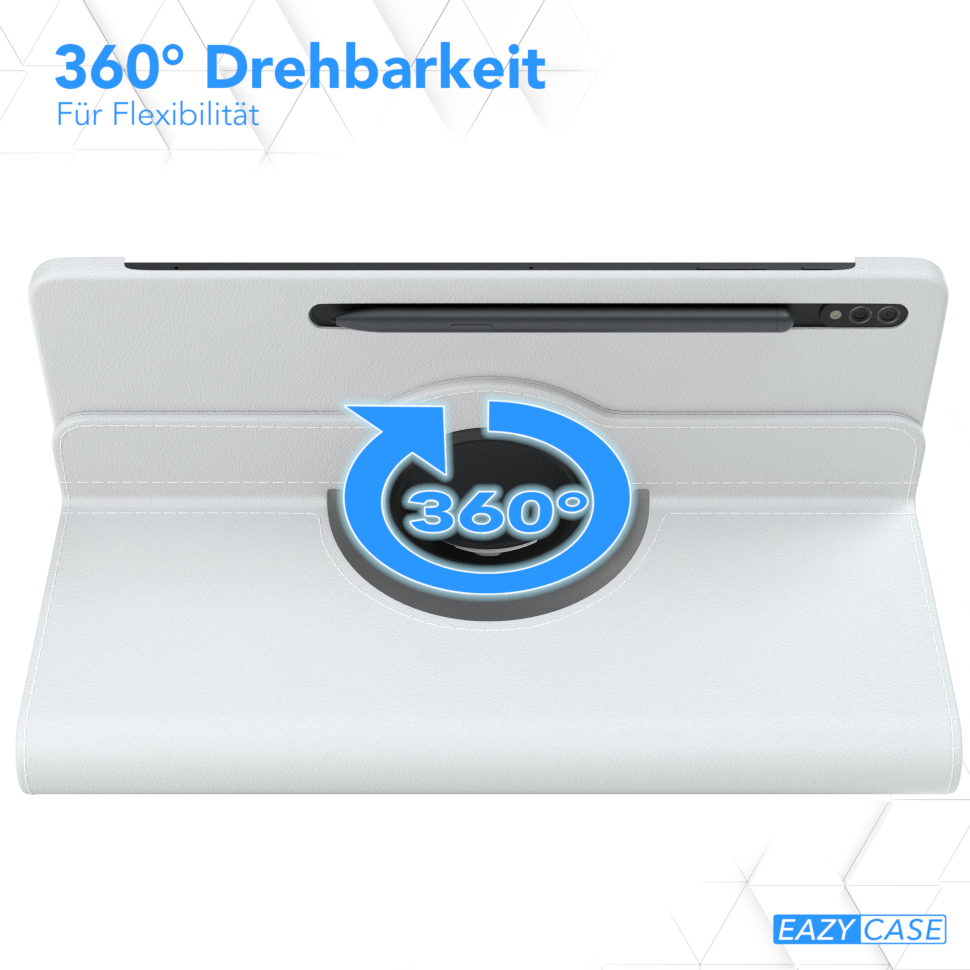 Drehendes Tablet mit Stift und Text „360° Drehbarkeit“.