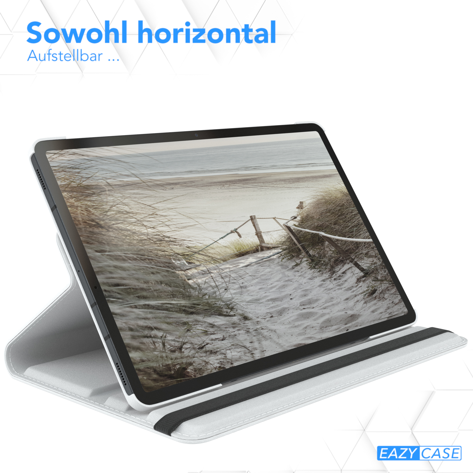 Tablet in einer weißen Hülle, hochgestellt, mit einer Strandszene auf dem Bildschirm.
