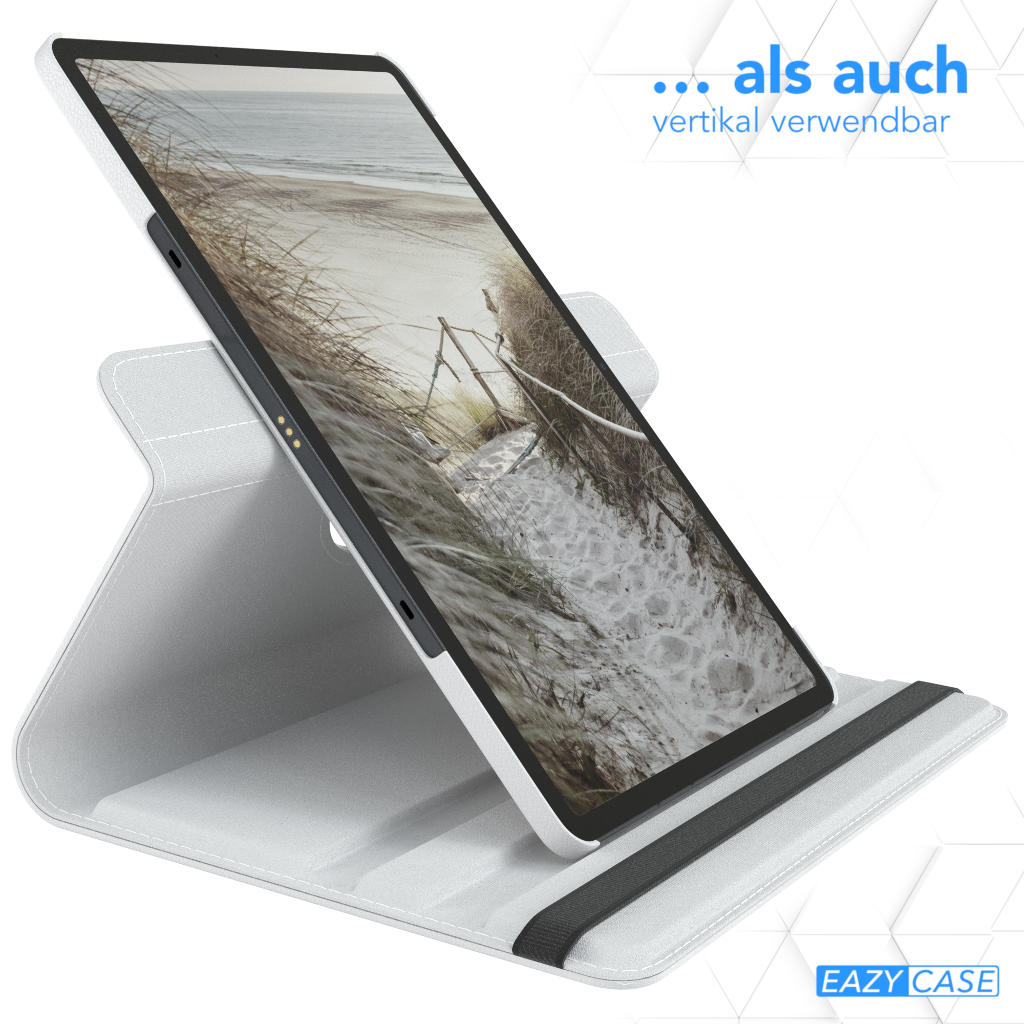 Tablet in weißer Hülle, vertikal dargestellt. Text weist auf vertikale Nutzung hin.