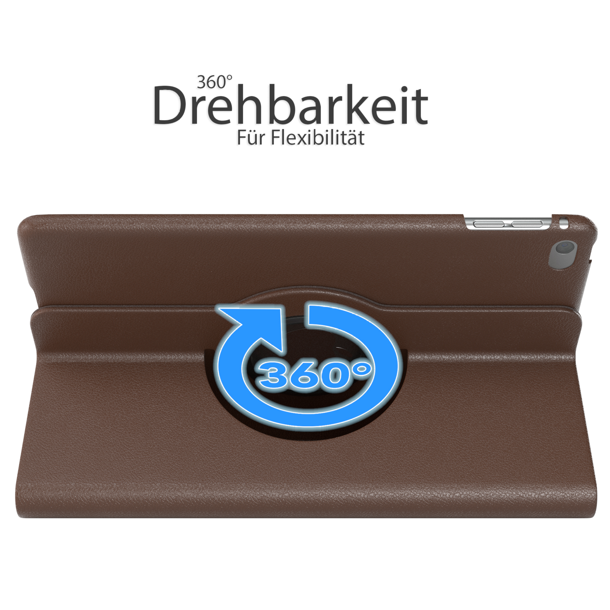 Braune Tablet-Hülle mit einem 360-Grad-Drehsymbol.