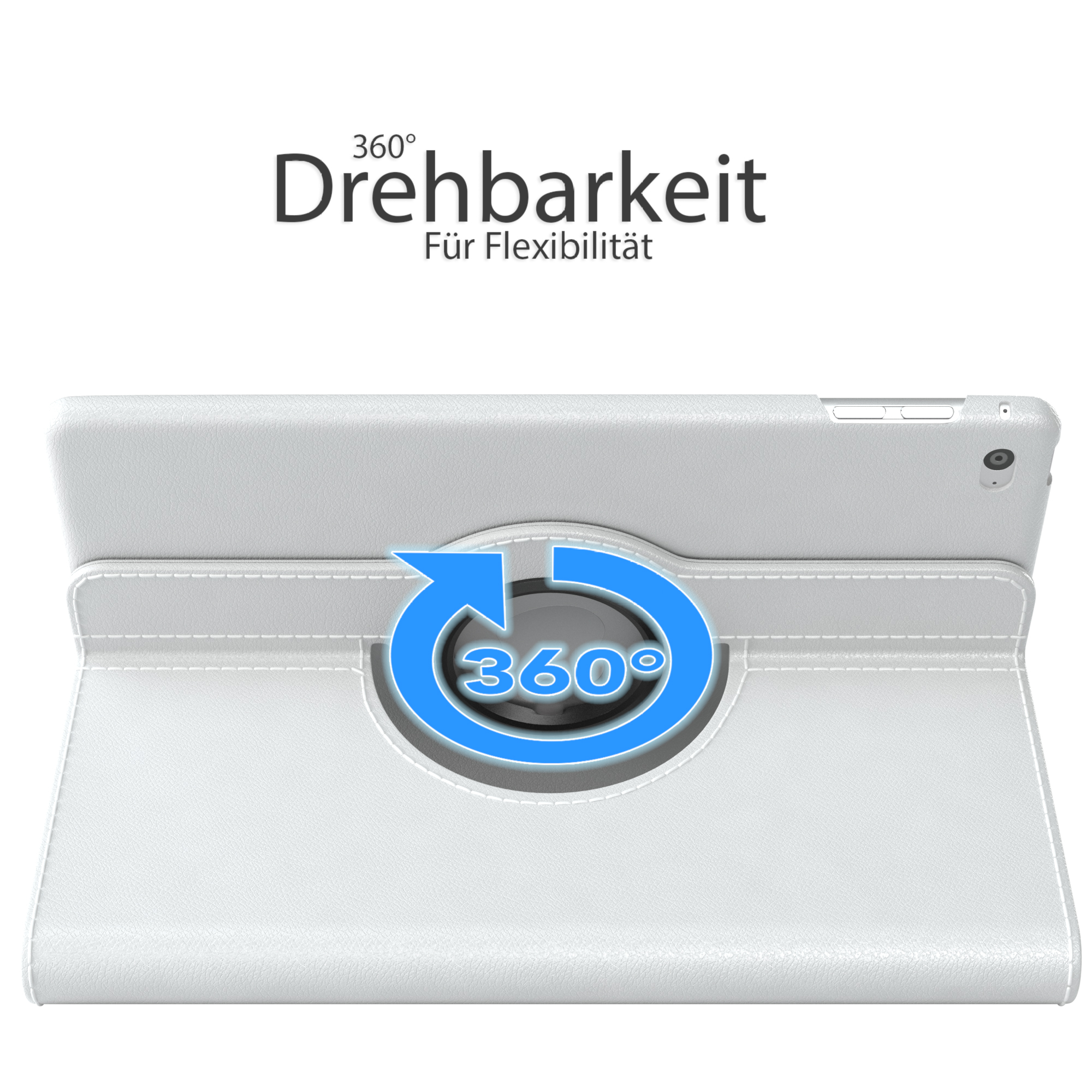 Weiße Tablet-Hülle mit 360°-Drehfunktion, mit Text 'Drehbarkeit Für Flexibilität'.