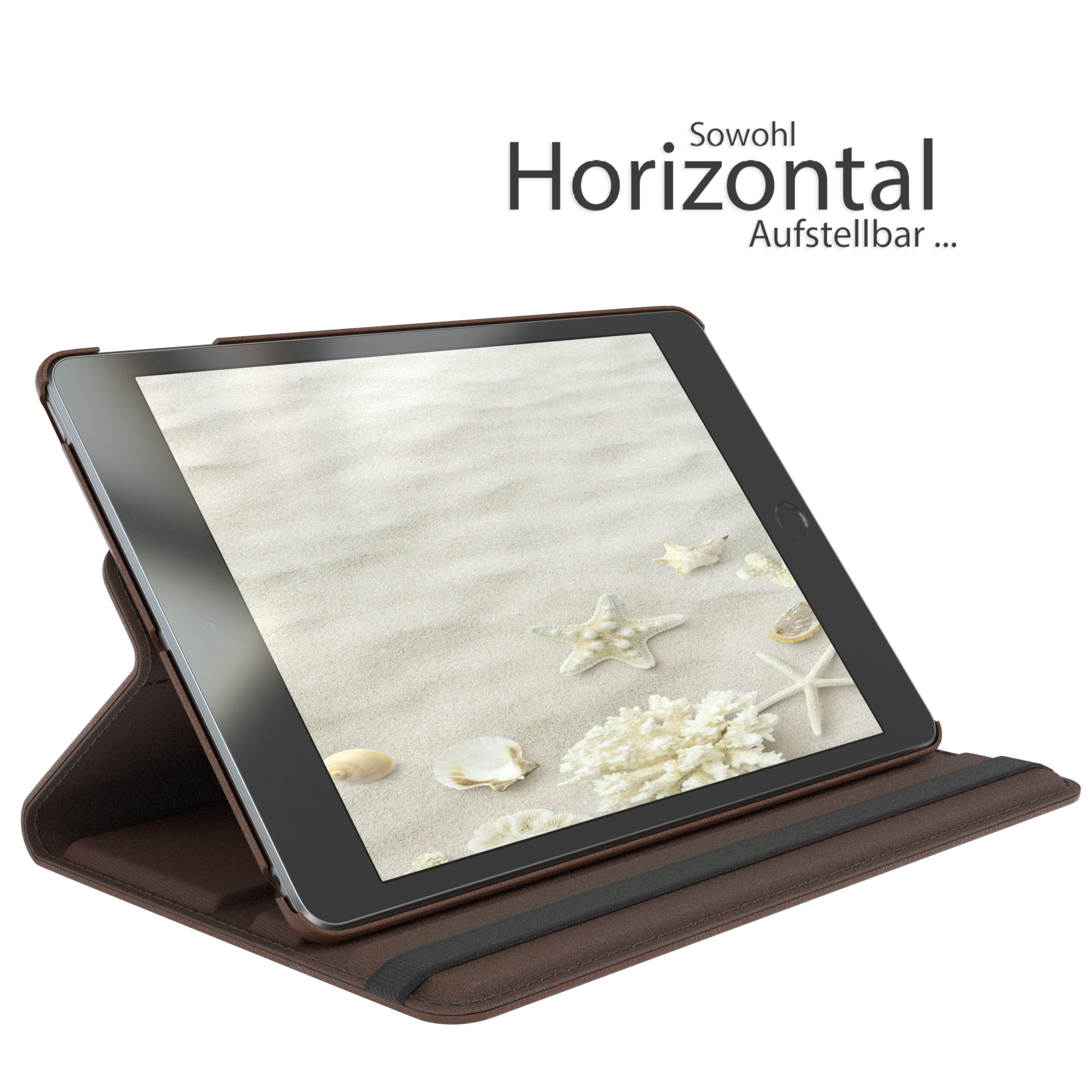 Tablet in braunem Etui. Bildschirm zeigt Strandbild. Die Worte 'Horizontal' und 'Aufstellbar' sind sichtbar.