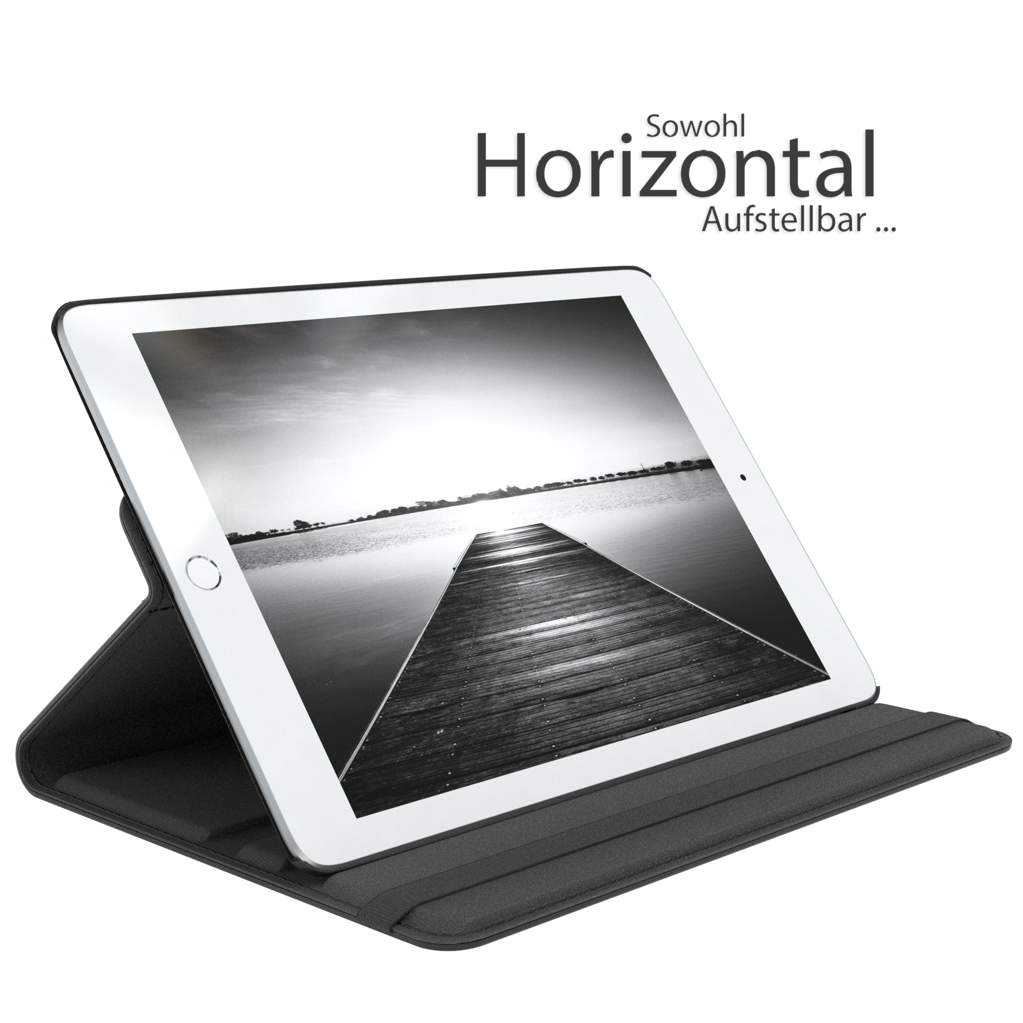 Tablet in einem Case, zeigt ein Schwarz-Weiß-Bild eines Piers. Text sagt 'Horizontal'.