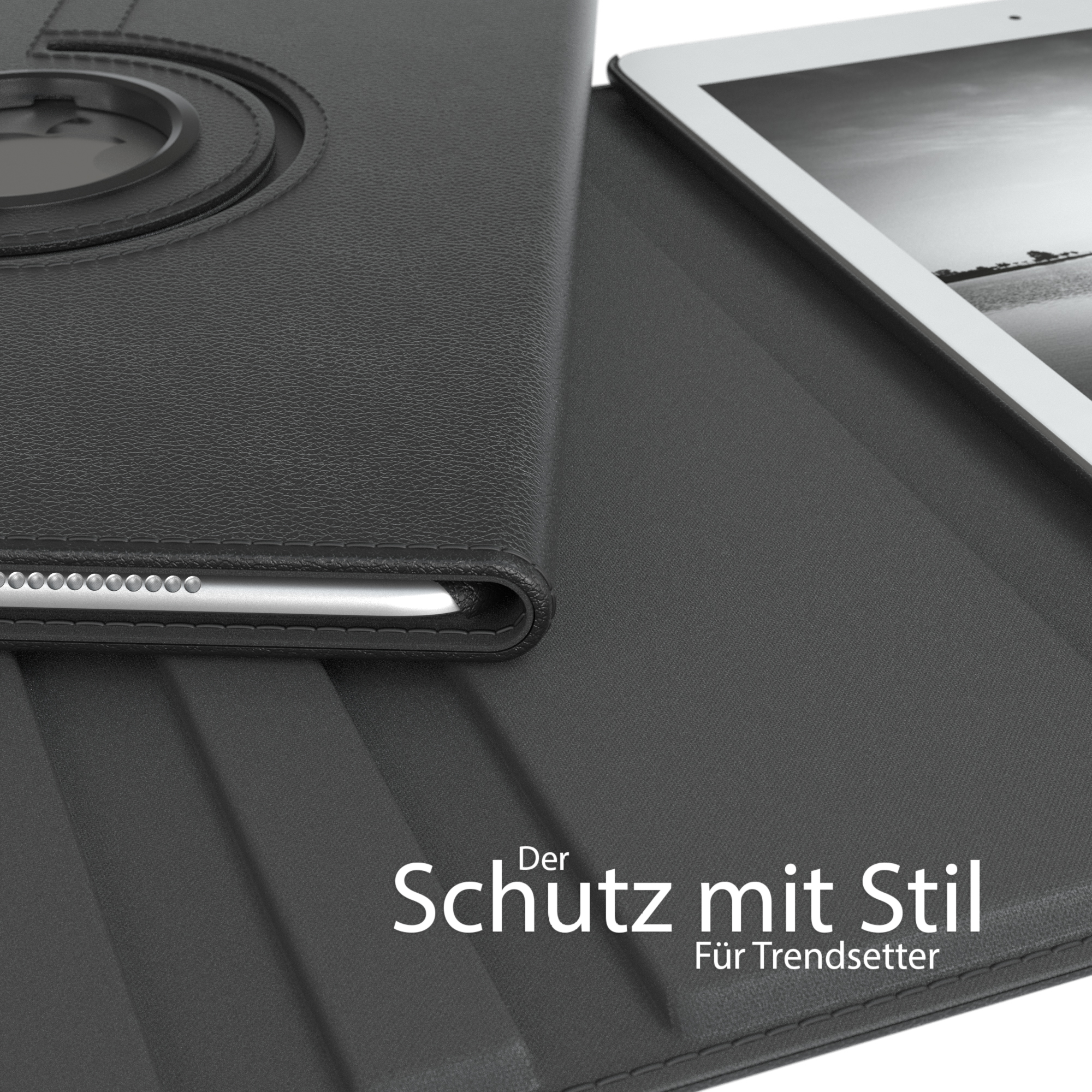 Schwarze Tablethülle mit Text: Schutz mit Stil. Weißer Text auf grauem Hintergrund.