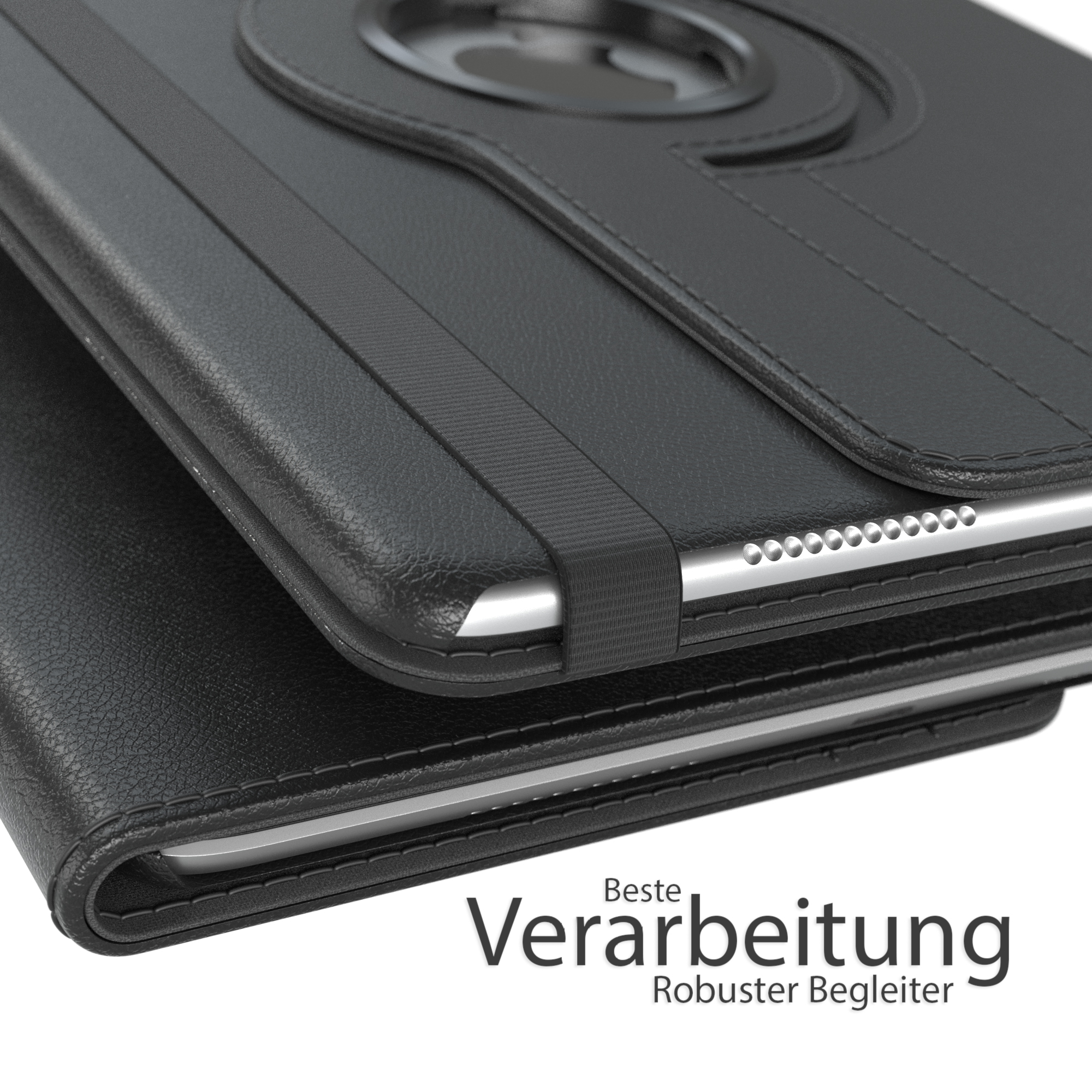 Schwarze Tablethülle mit dem Text: Beste Verarbeitung und Robuster Begleiter.