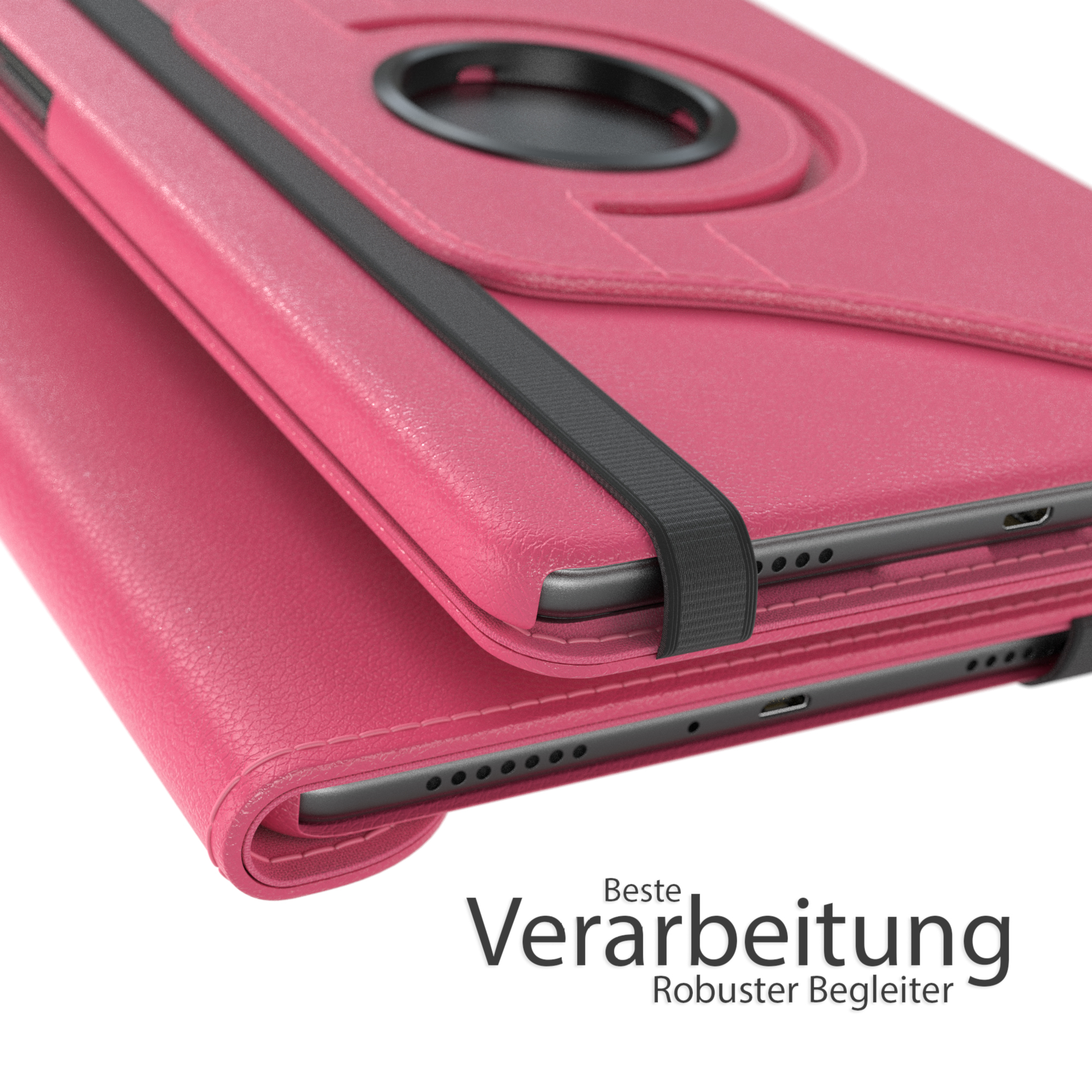 Rosa Tablethülle mit schwarzem Riemen. Text: Beste Verarbeitung. Robuster Begleiter.