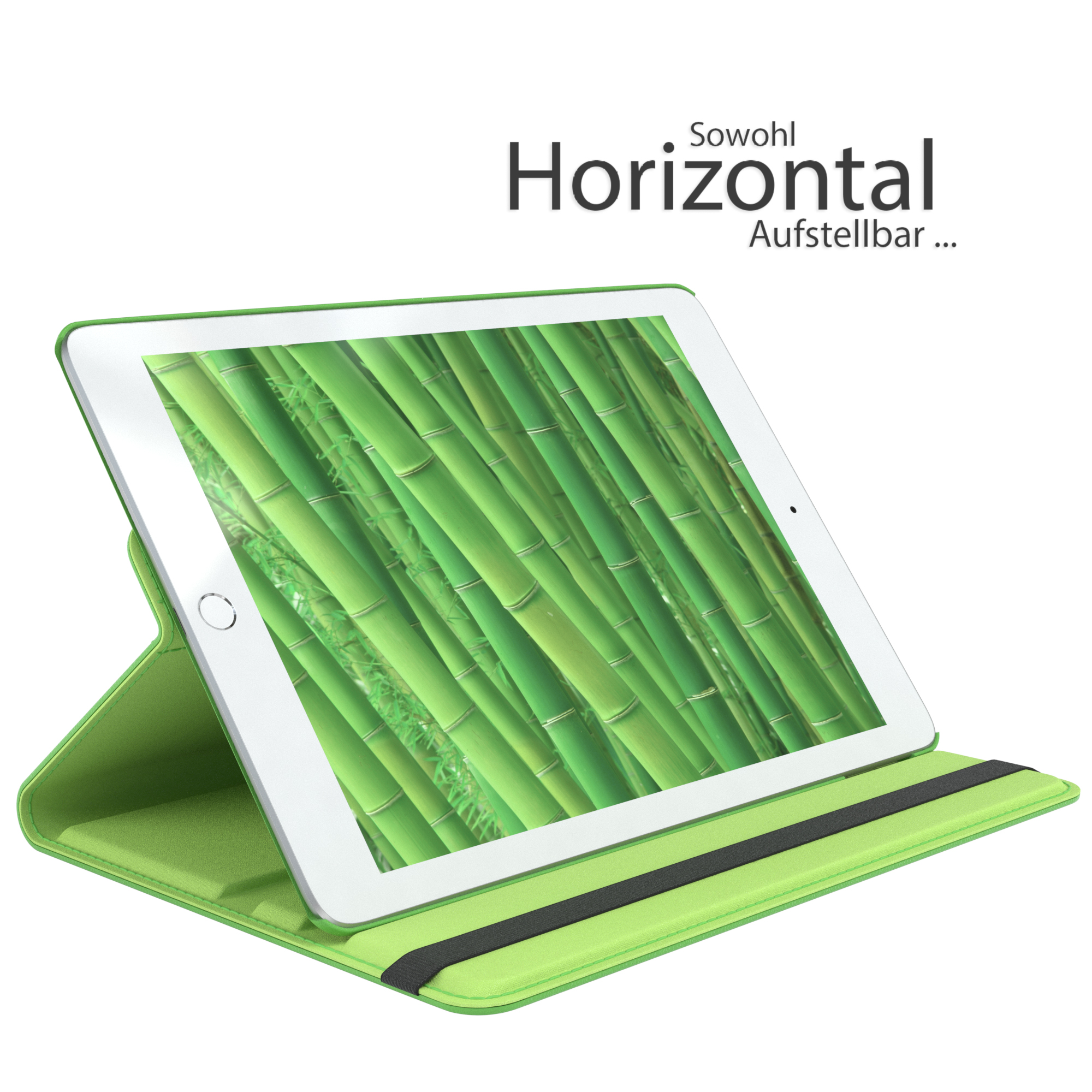 Tablet in grünem Gehäuse mit Bambusbild auf dem Bildschirm. Text: Horizontal.