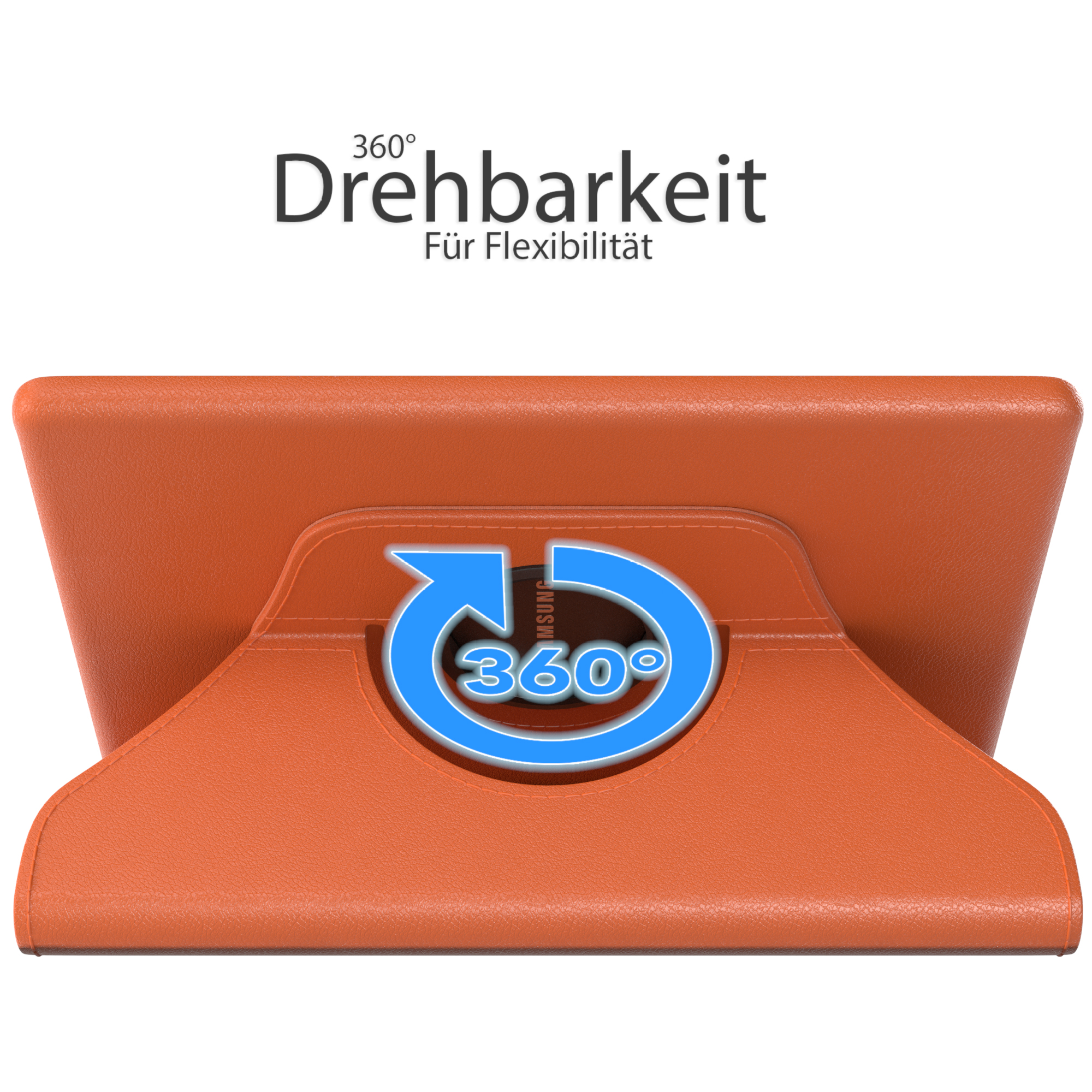 Orangene Tablet-Hülle mit einem 360-Grad-Drehsymbol. Die Hülle befindet sich auf weißem Hintergrund.