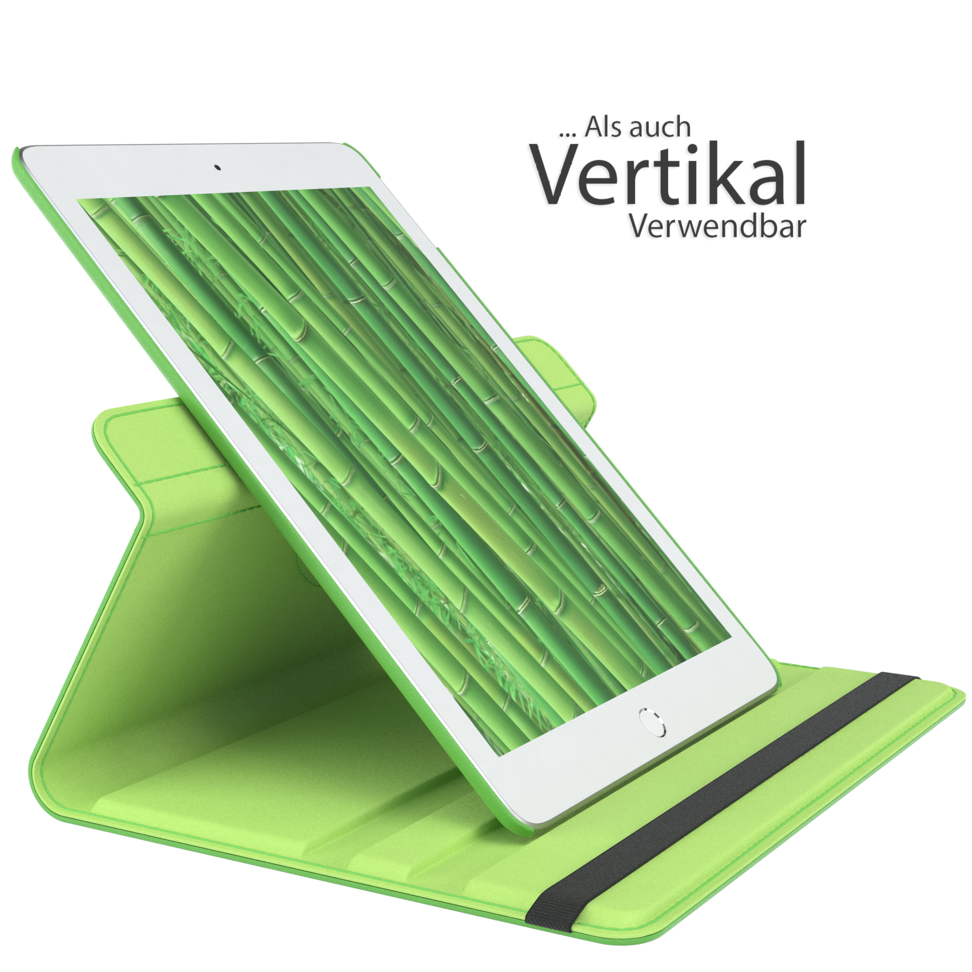 Grüne Tablet-Hülle mit Tablet, Text: „Vertikal verwendbar“ (Vertikal verwendbar).