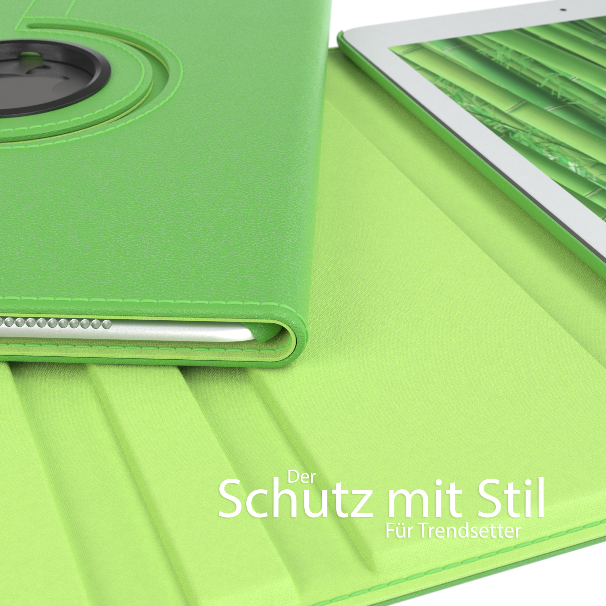 Grüne Tablet-Hülle offen. Grüner Text 'Der Schutz mit Stil' und 'Für Trendsetter' sind sichtbar.