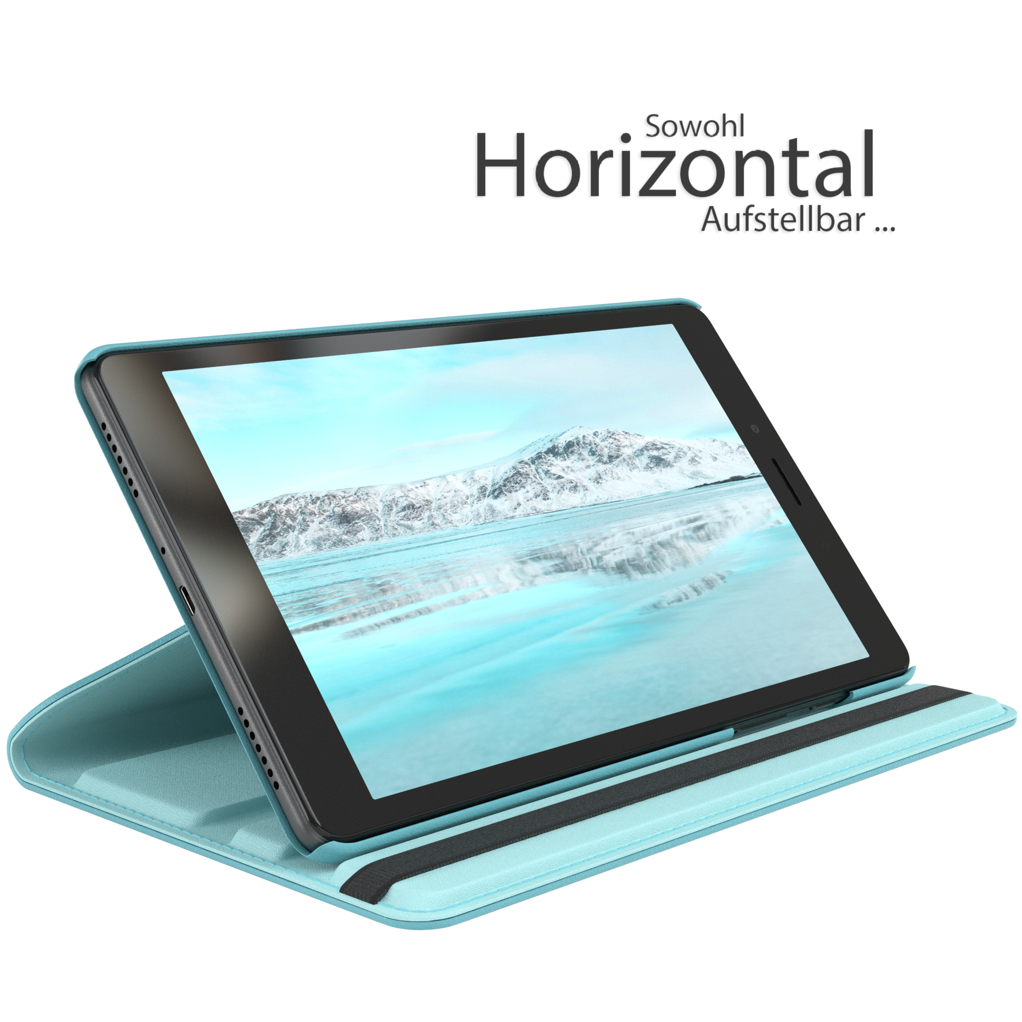 Tablet in blauem Gehäuse mit Winterlandschaft auf dem Bildschirm. Text: Horizontal.