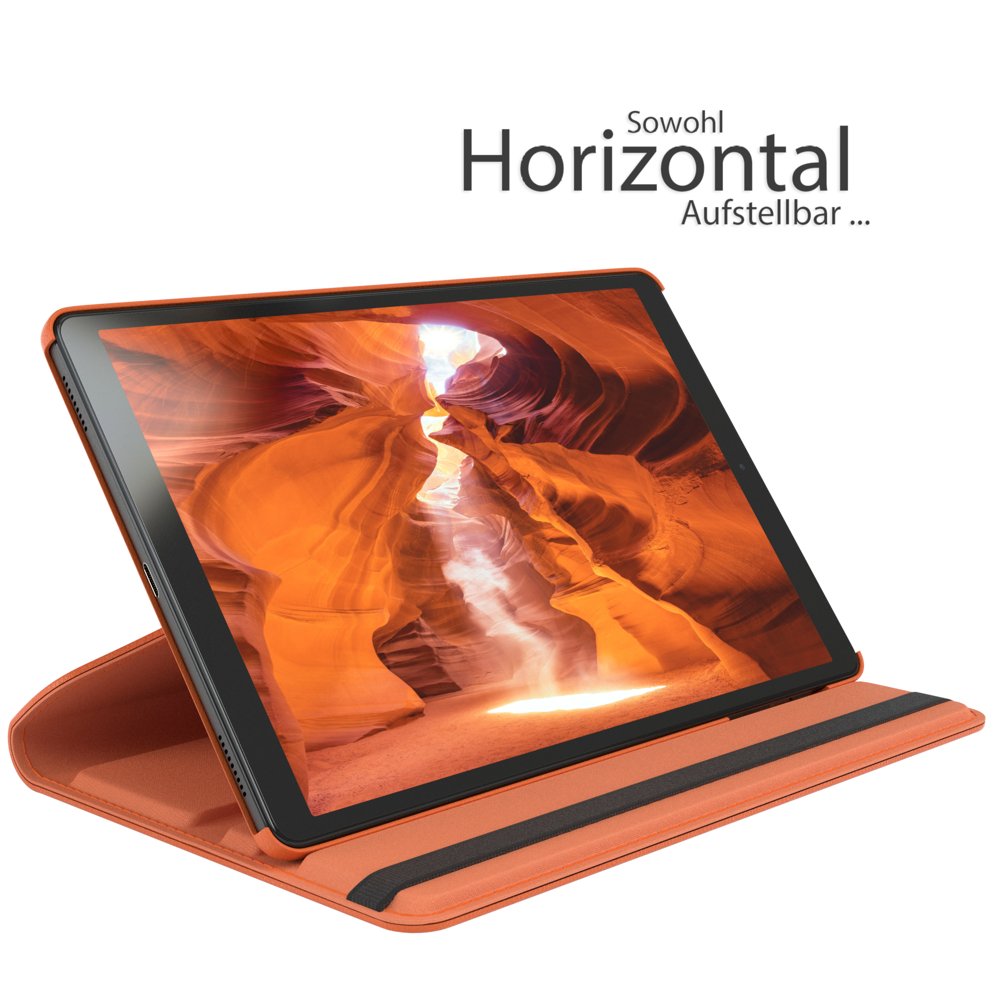 Tablet mit orangefarbener Hülle, Bildschirm zeigt Canyon-Bild. Text 'Horizontal'. Weißer Hintergrund.