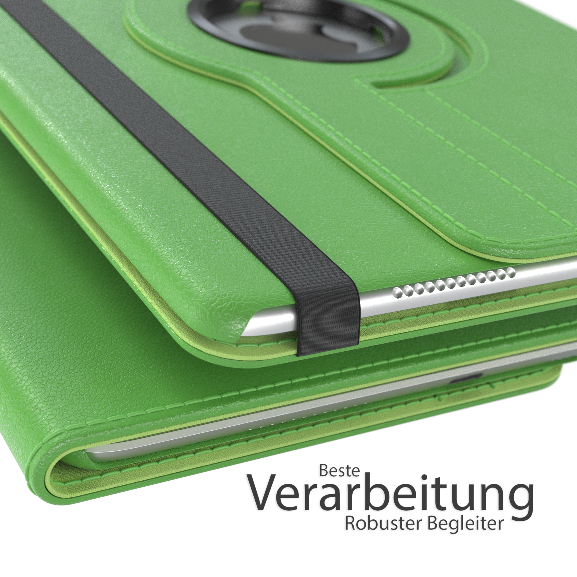 Grüne Tablet-Hülle mit schwarzem Band, Text: Beste Verarbeitung.