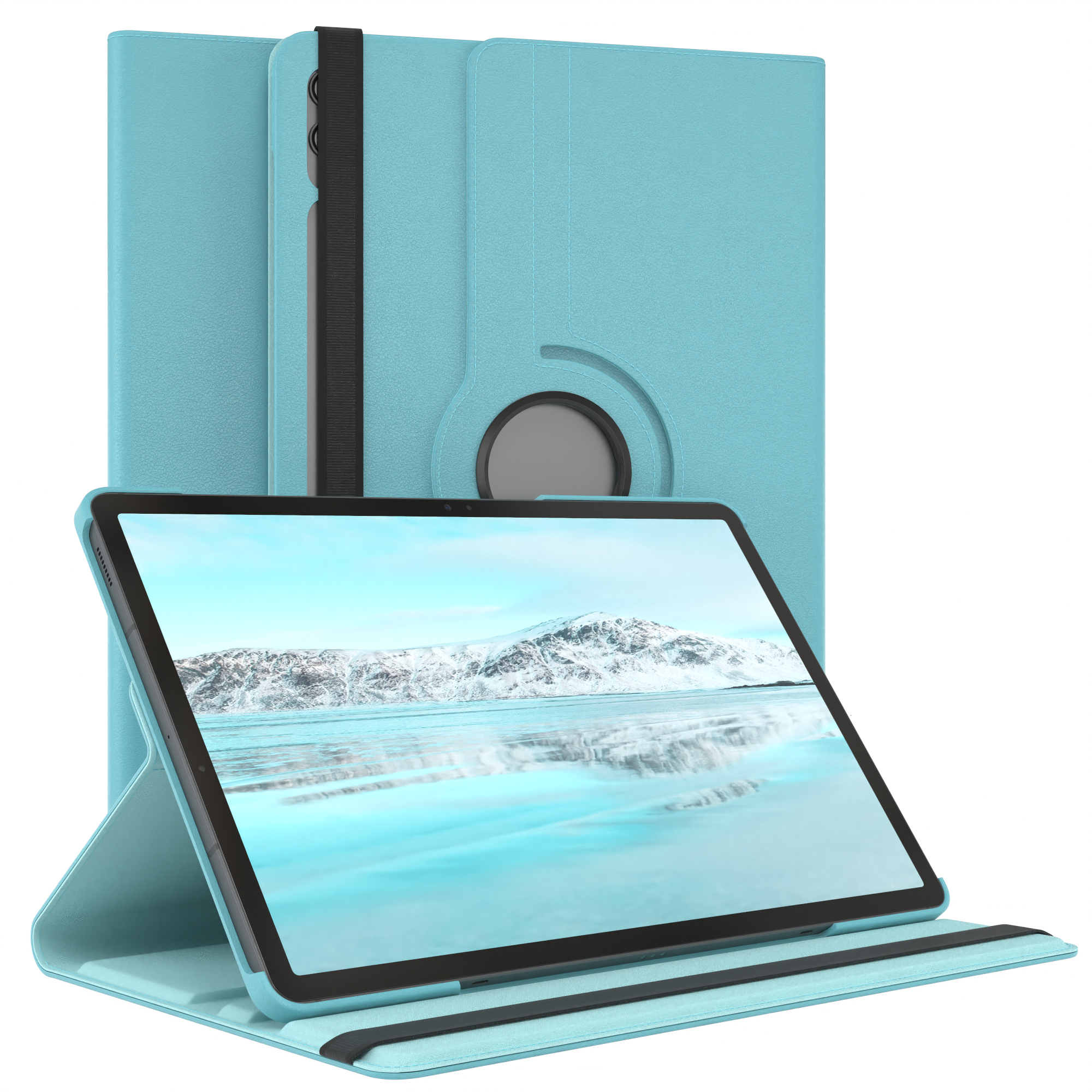 Ein blaues Tablet in einer Schutzhülle mit einer schneebedeckten Berglandschaft auf dem Bildschirm.