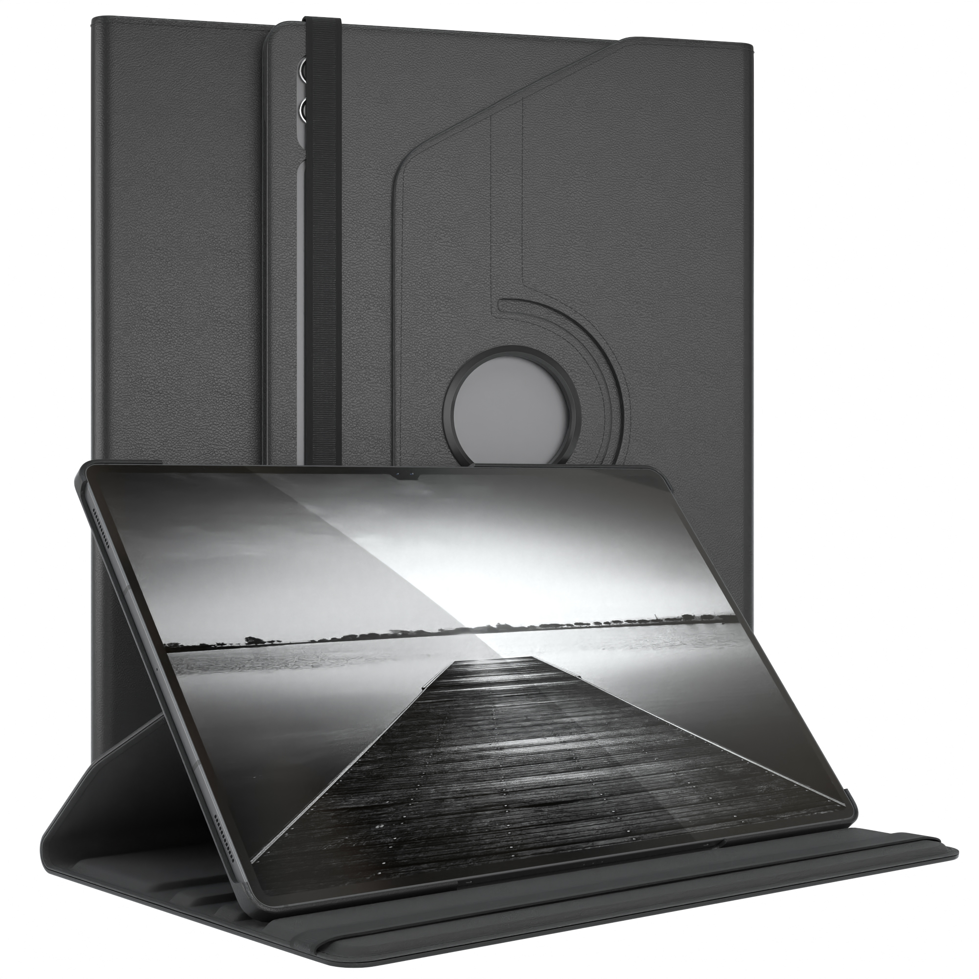 Eine schwarze Tablethülle hält ein Tablet mit einem Schwarz-Weiß-Landschaftsbild auf dem Bildschirm.