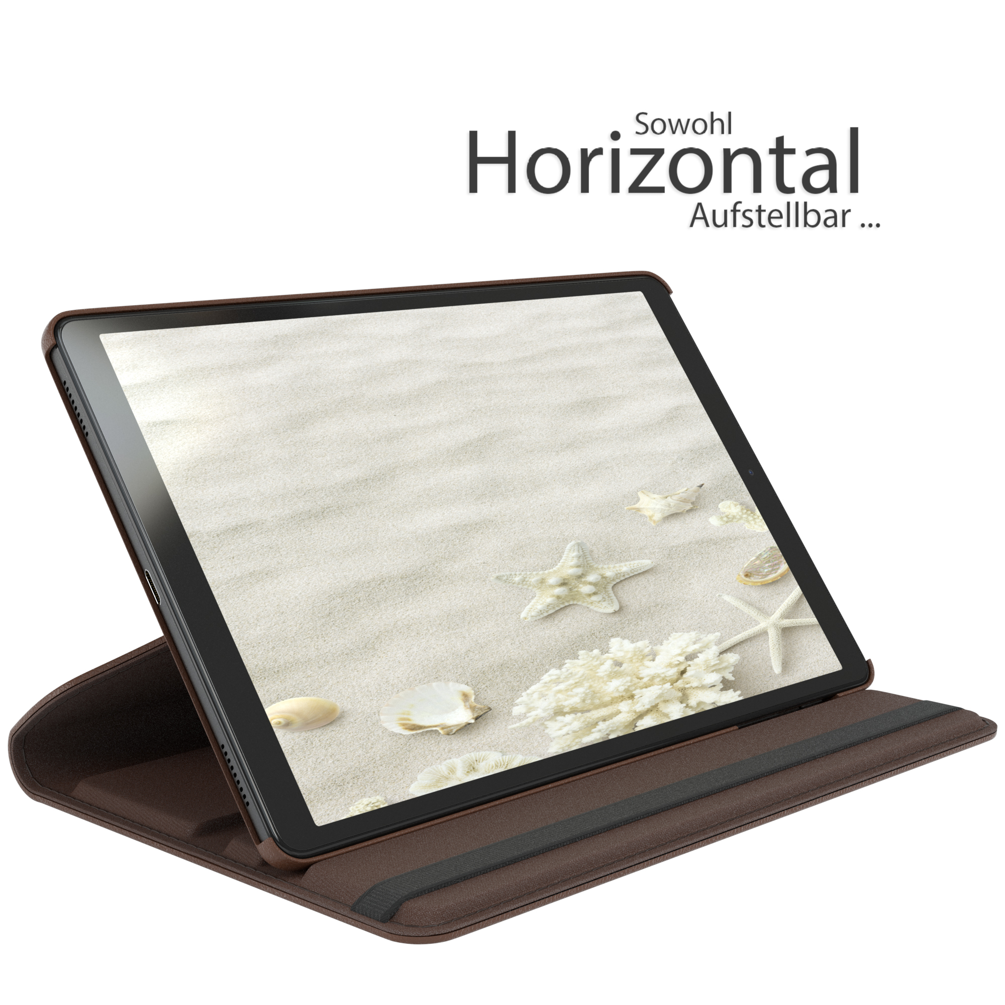 Tablet in brauner Hülle. Der Bildschirm zeigt eine Strandszene mit Seesternen und Muscheln.