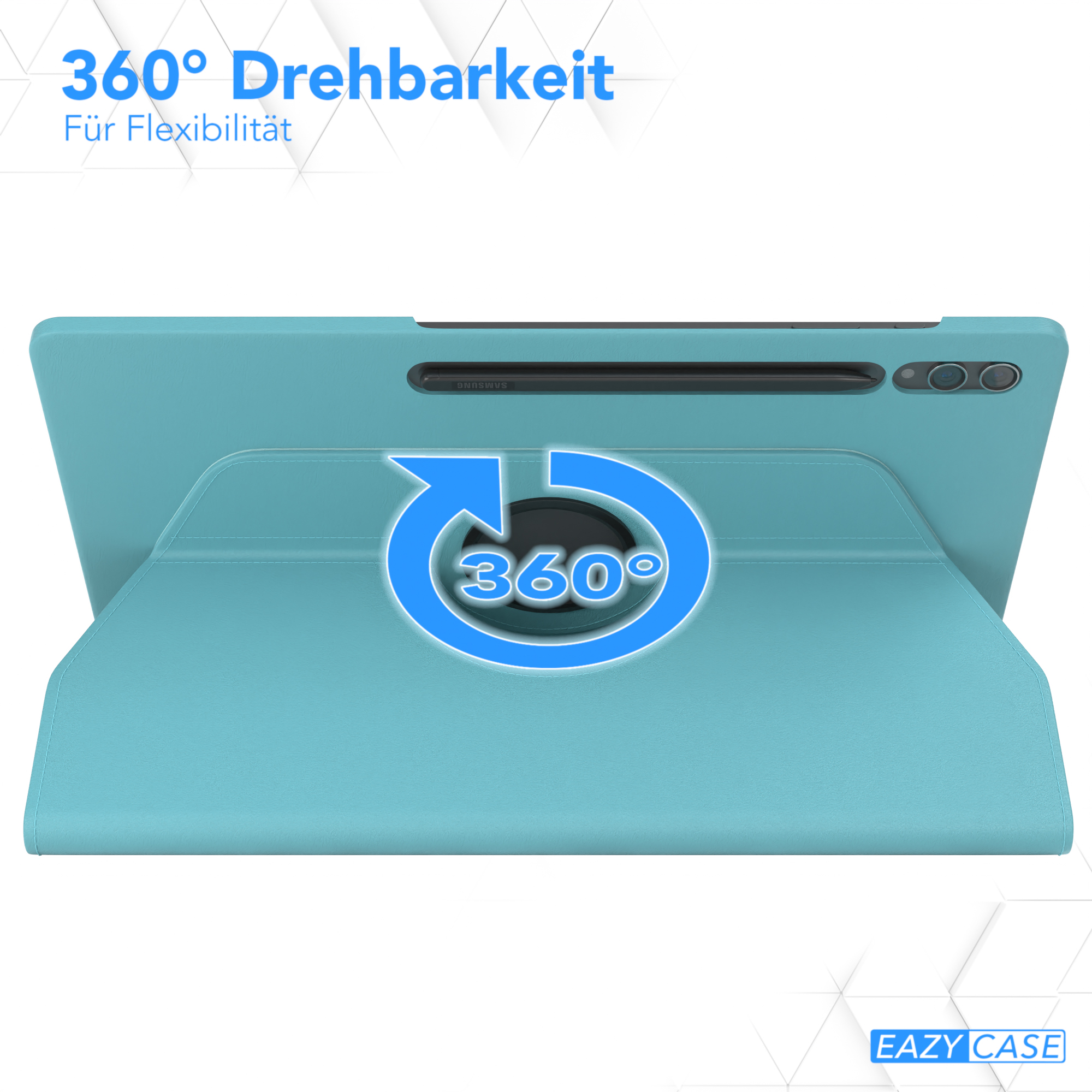 Tablet in einer türkisfarbenen Hülle, die eine 360-Grad-Drehung zeigt. Ein blauer Pfeil zeigt die Drehung an.