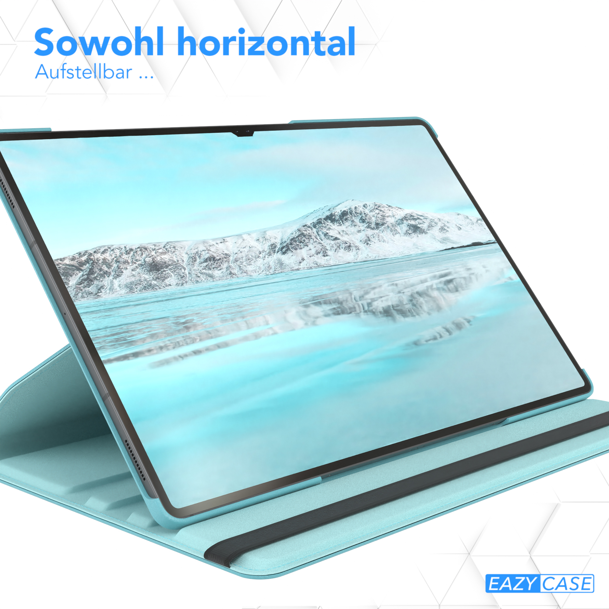 Ein Tablet in einer blauen Hülle, mit Landschaftsbild auf dem Bildschirm. Text: „Auch horizontal“.