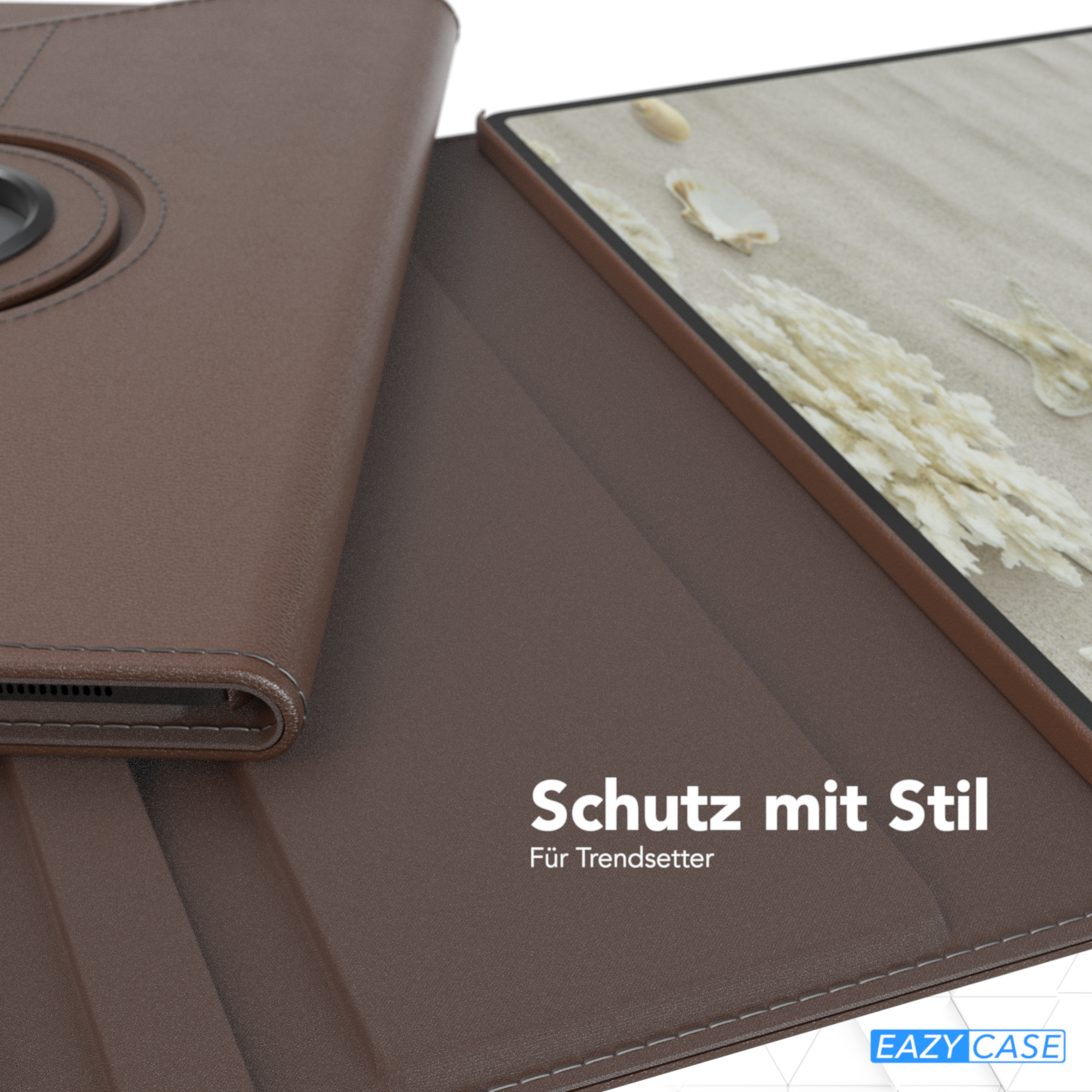 Braune Tablethülle mit Tablet und Bild, Text: Schutz mit Stil.