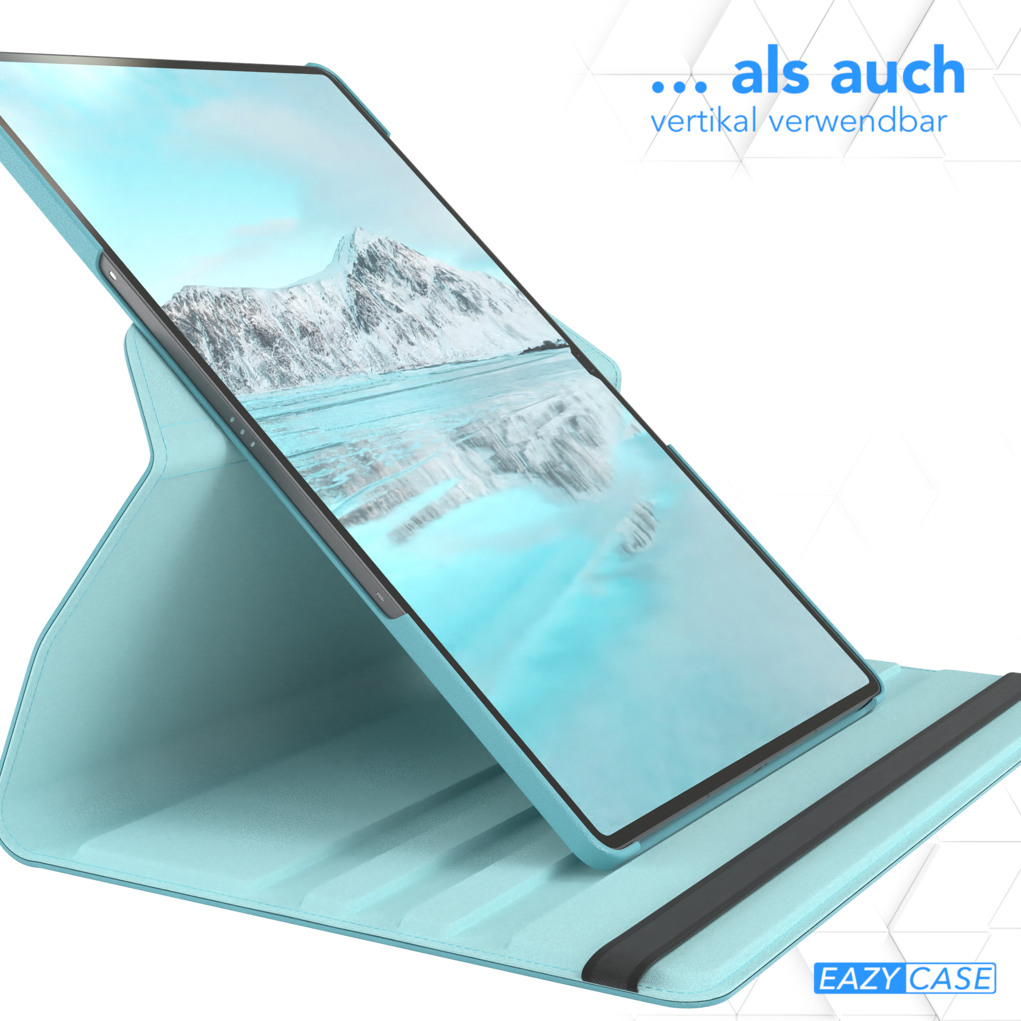 Tablet in einer blauen Hülle. Das Tablet ist hochkant aufgestellt. Blaue Hülle.