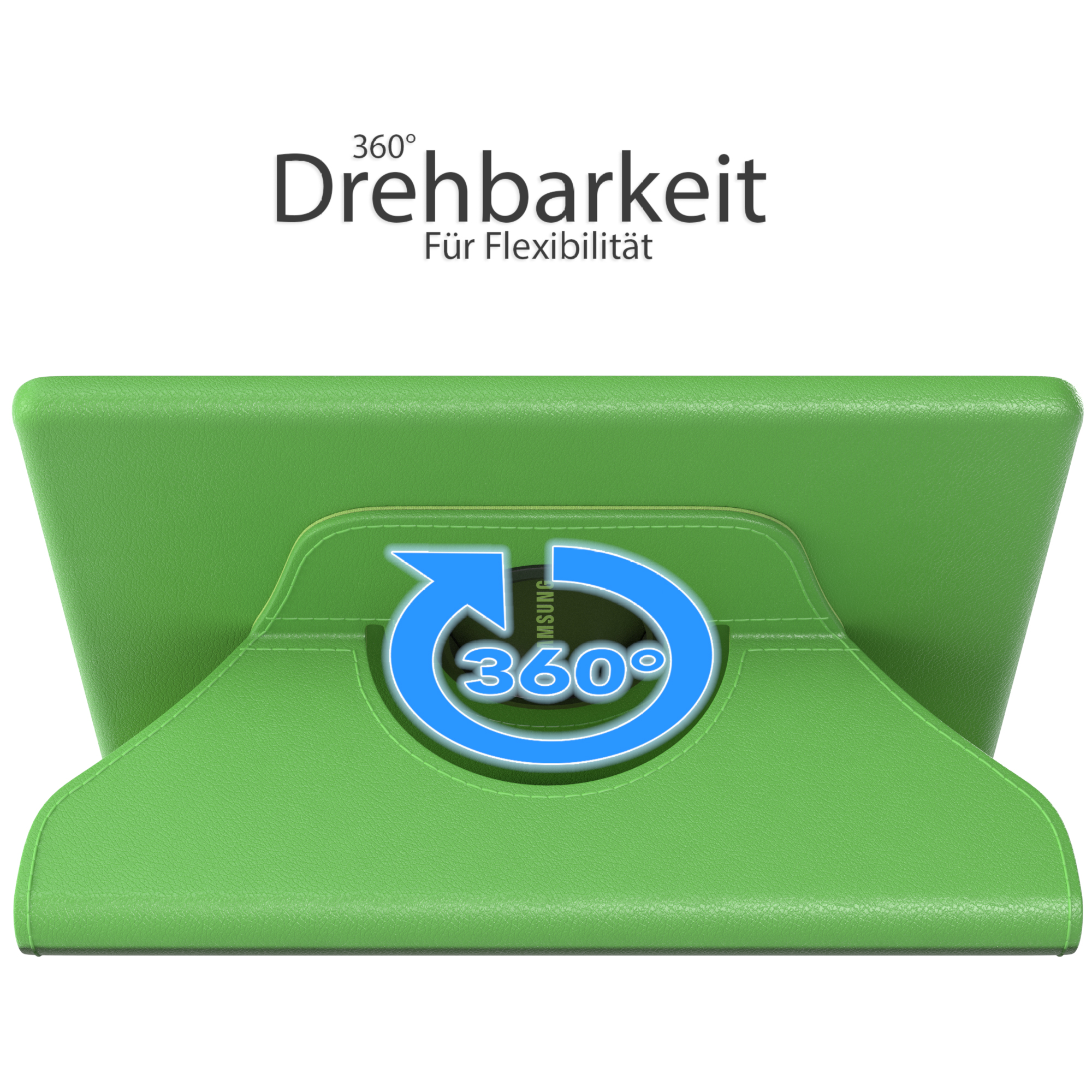 Grüne Tablethülle mit 360-Grad-Drehständer, blauer Pfeil.