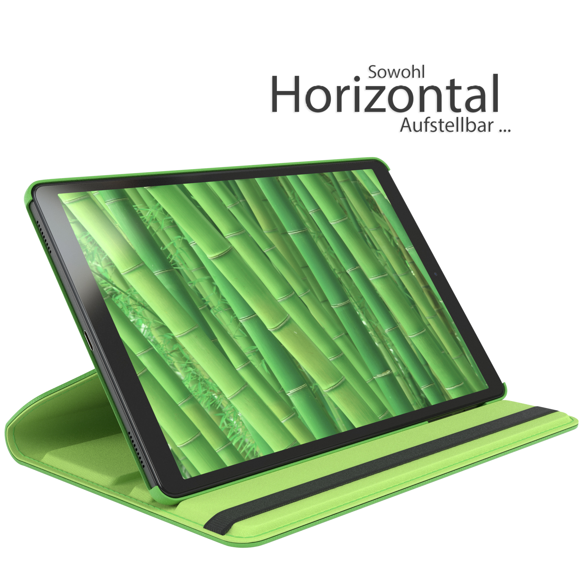 Tablet in grüner Hülle, Bambusbild zeigend. Grüne Hülle auf weißer Oberfläche.