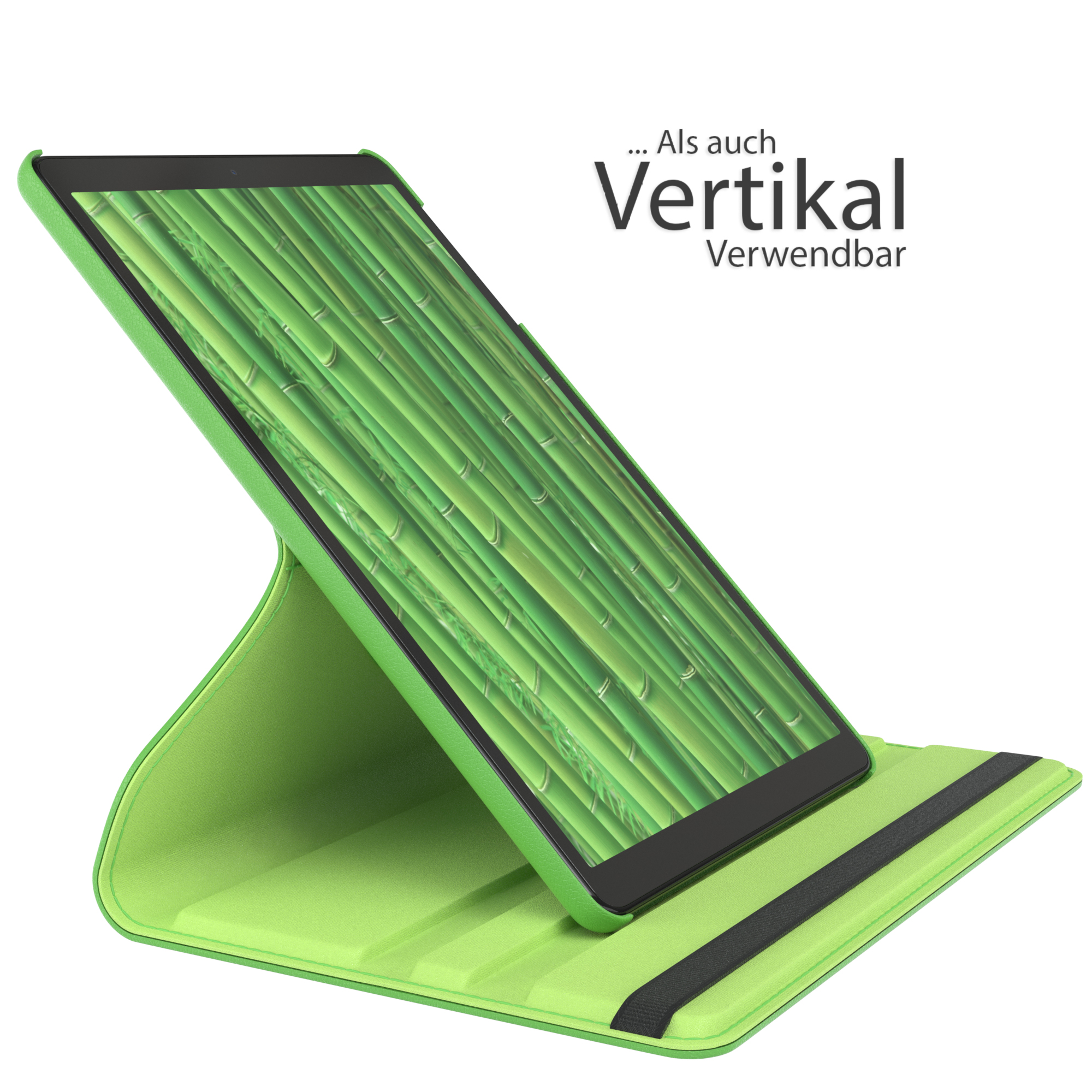 Grünes Tablet in einem limettengrünen Gehäuse, nach oben abgewinkelt. Bambustapete wird auf dem Bildschirm angezeigt.