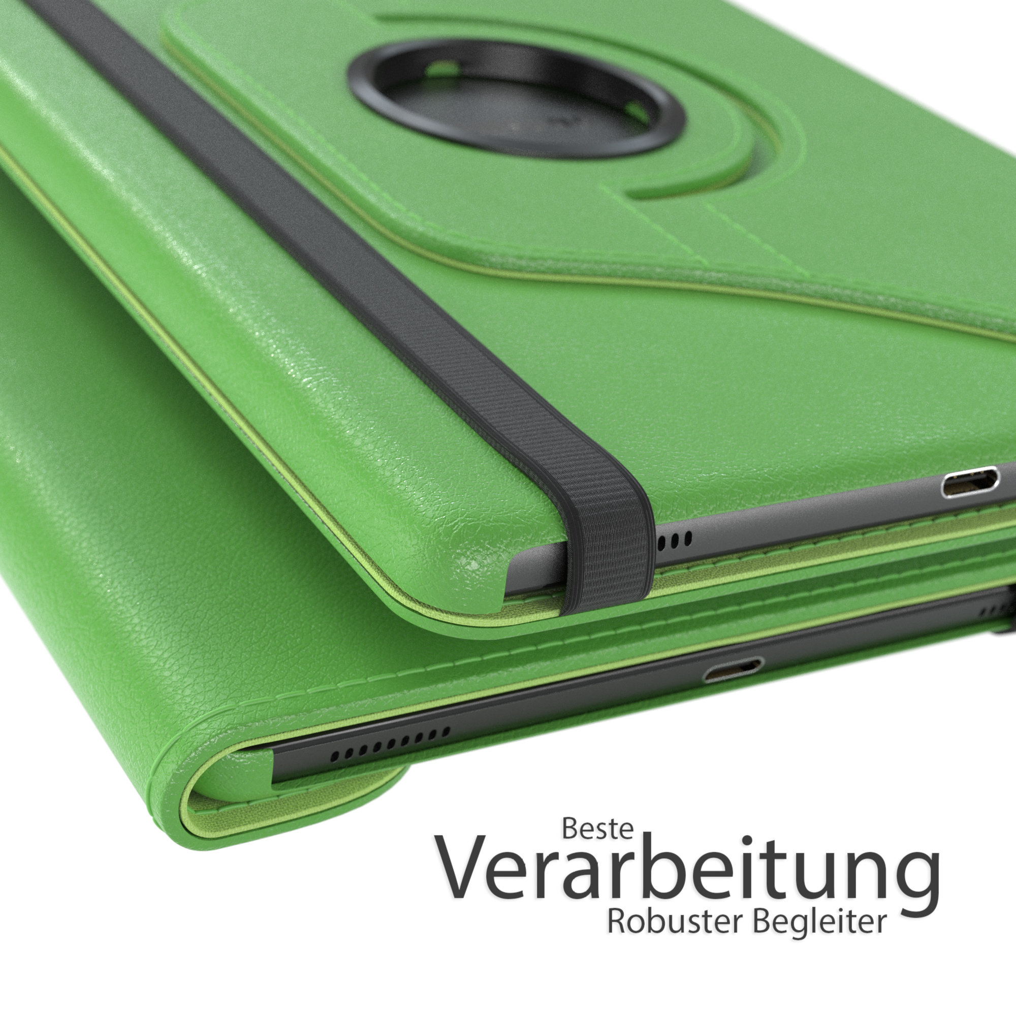 Grüne Tablet-Hülle, teilweise offen, mit deutschem Text: Beste Verarbeitung.