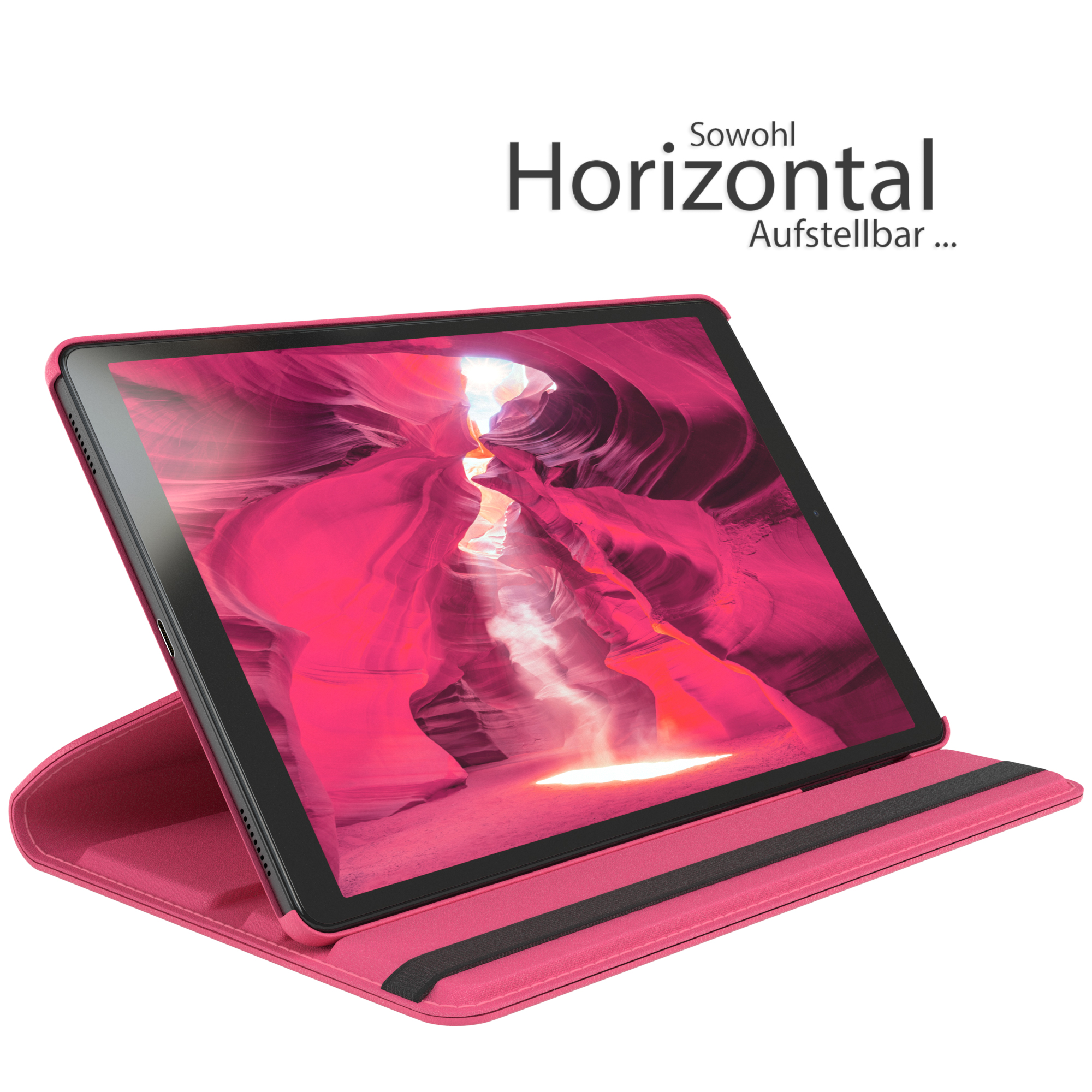 Tablet in rosa Hülle auf Tisch. Text oben 'Sowohl Horizontal'. Hintergrund Canyon.