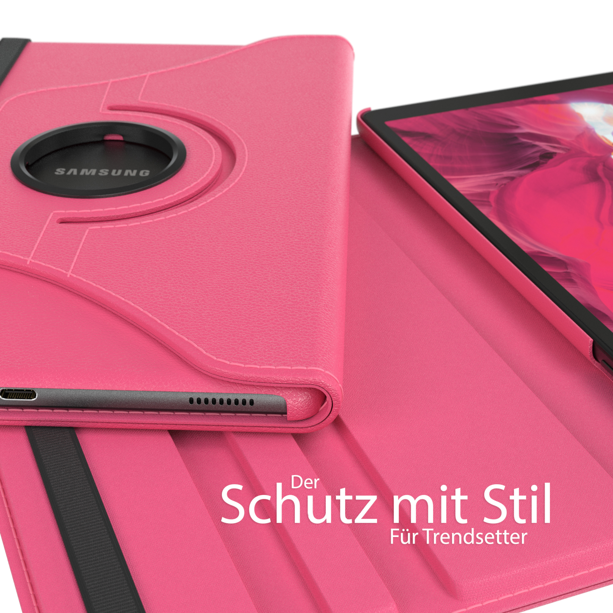 Rosa Tablethülle mit Samsung-Logo, geöffnet, um das Tablet anzuzeigen.