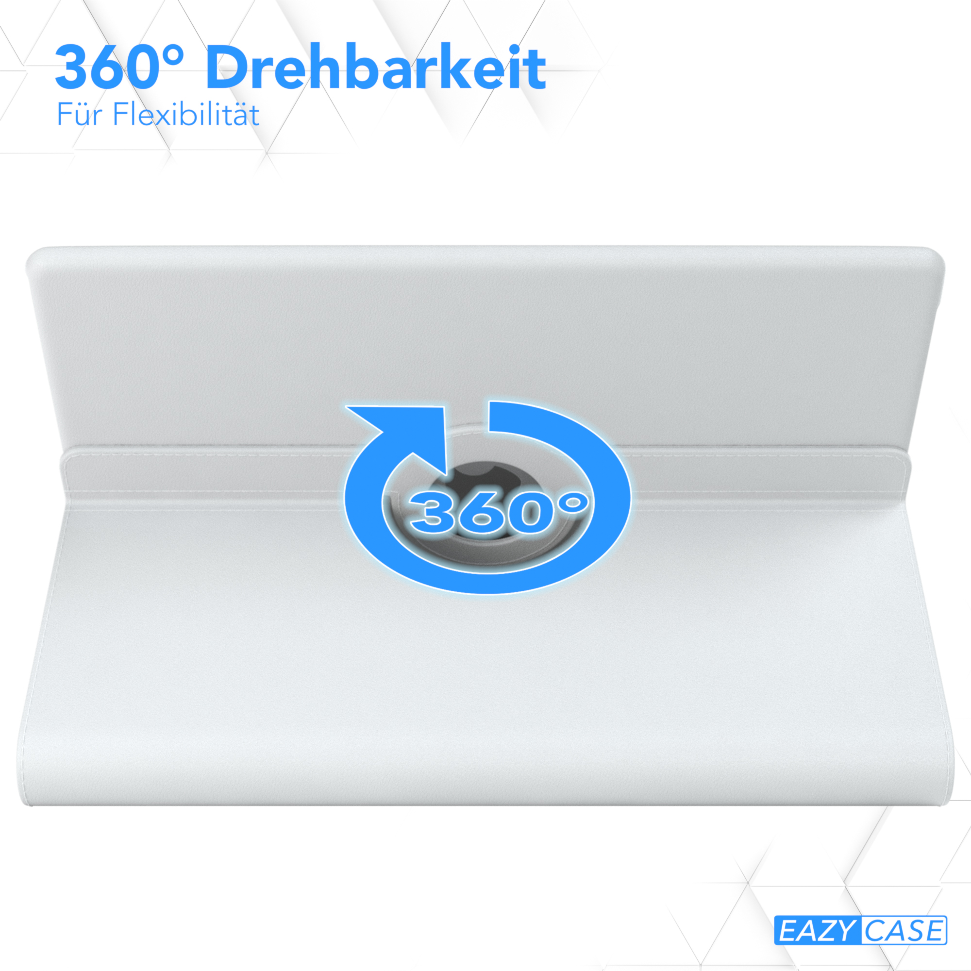 Weiße Tablethülle mit 360° Drehfunktion, durch Pfeil und Text '360° Drehbarkeit' angezeigt.