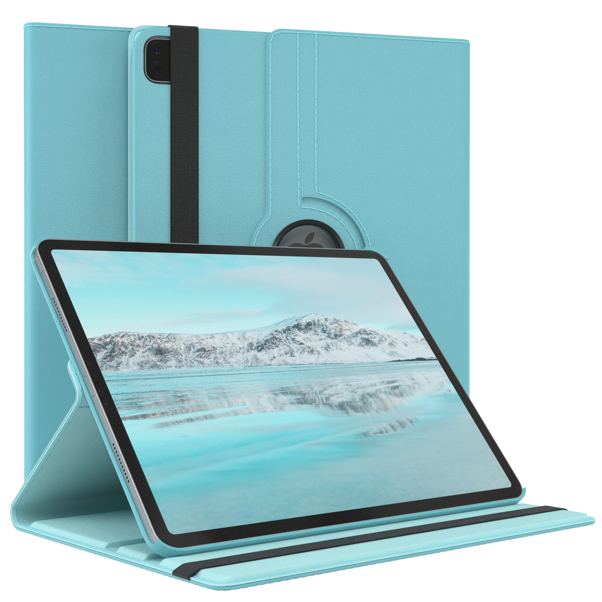 Blaues Tablet in blauer Hülle, geöffnet auf blauer Oberfläche. Berglandschaft.
