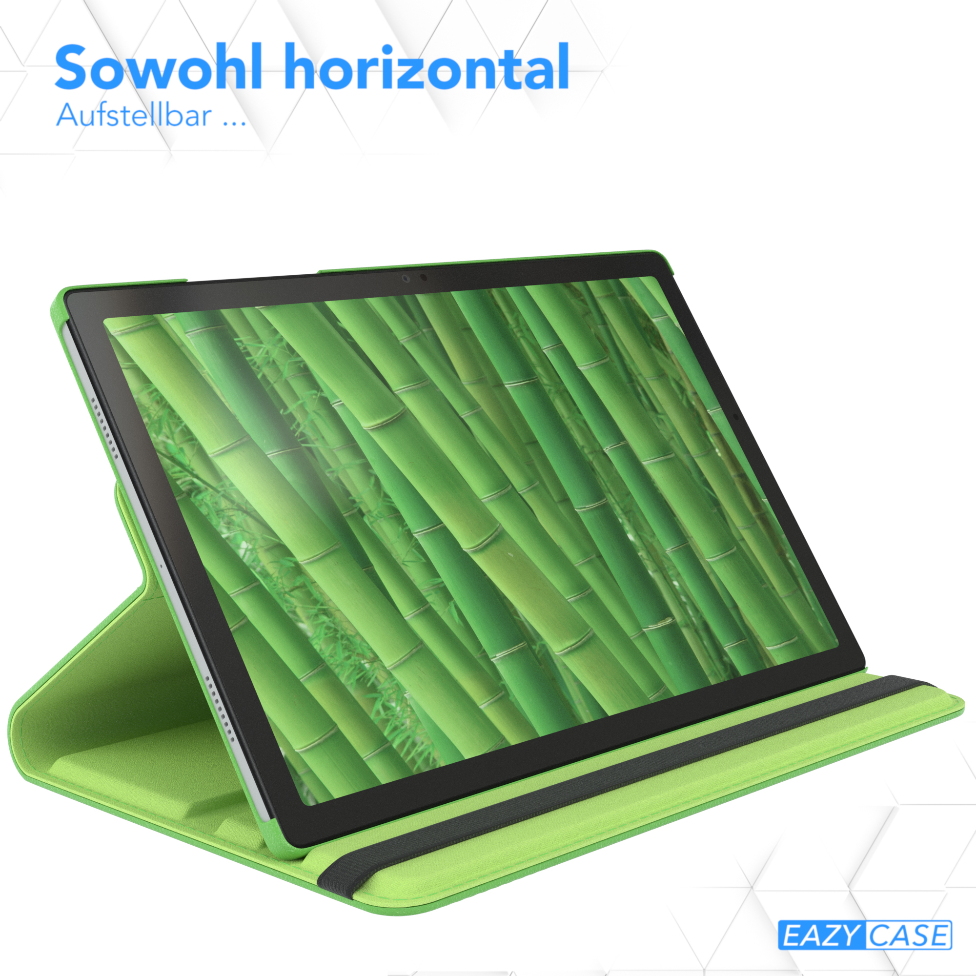 Tablet in grüner Hülle, gekippt. Bambushintergrund auf dem Bildschirm.