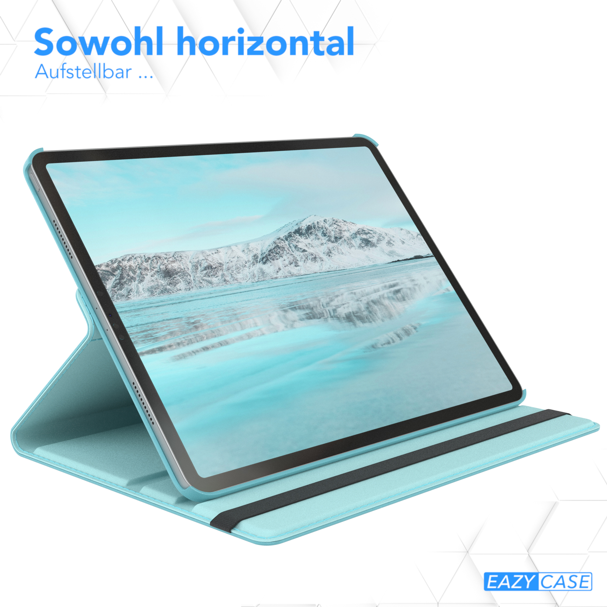 Tablet in einer blauen Hülle, aufgestellt. Text oben. Weißer Hintergrund.